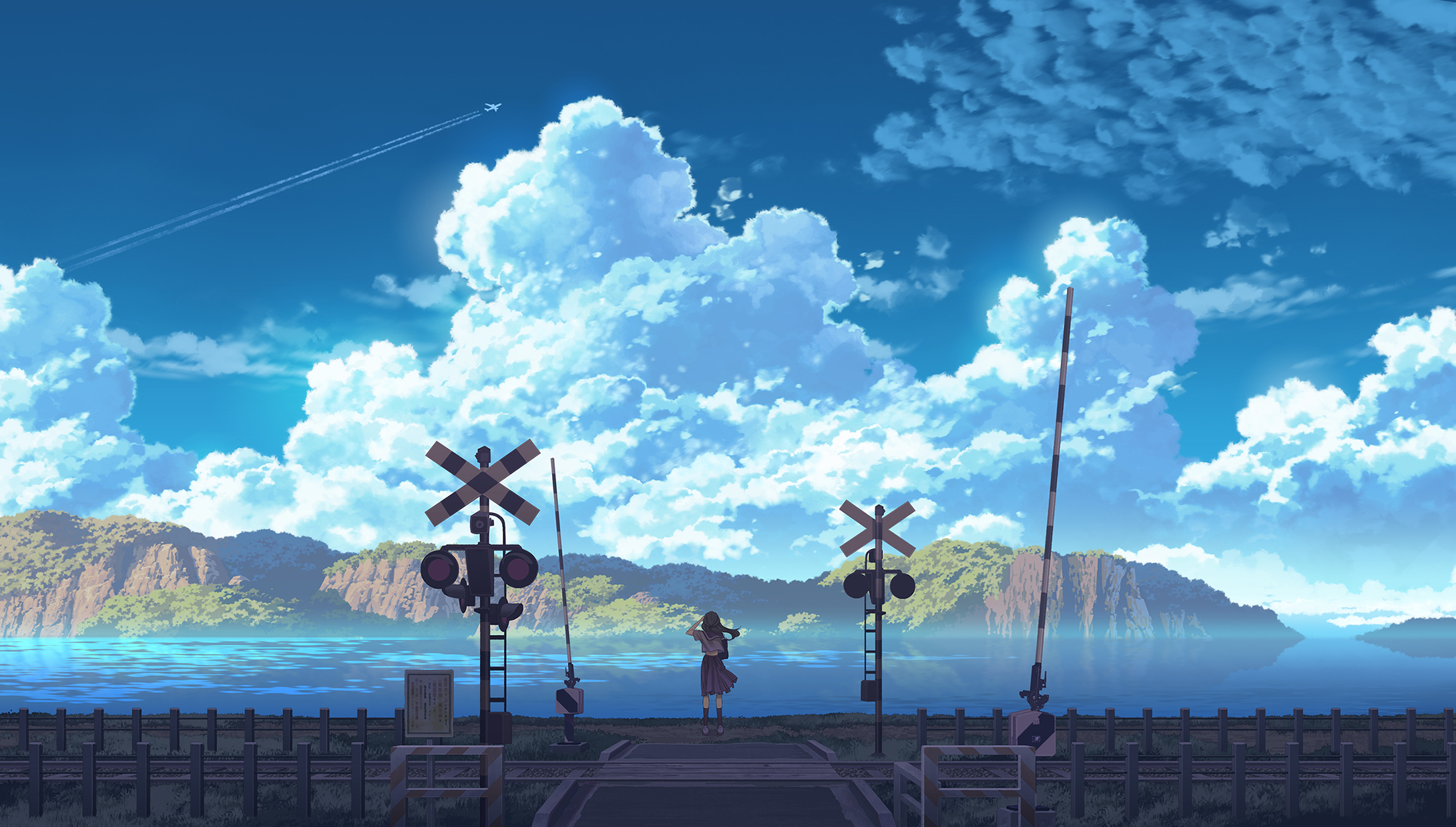 Girl at Railroad Crossing with Mountains and Clouds HD Wallpaper