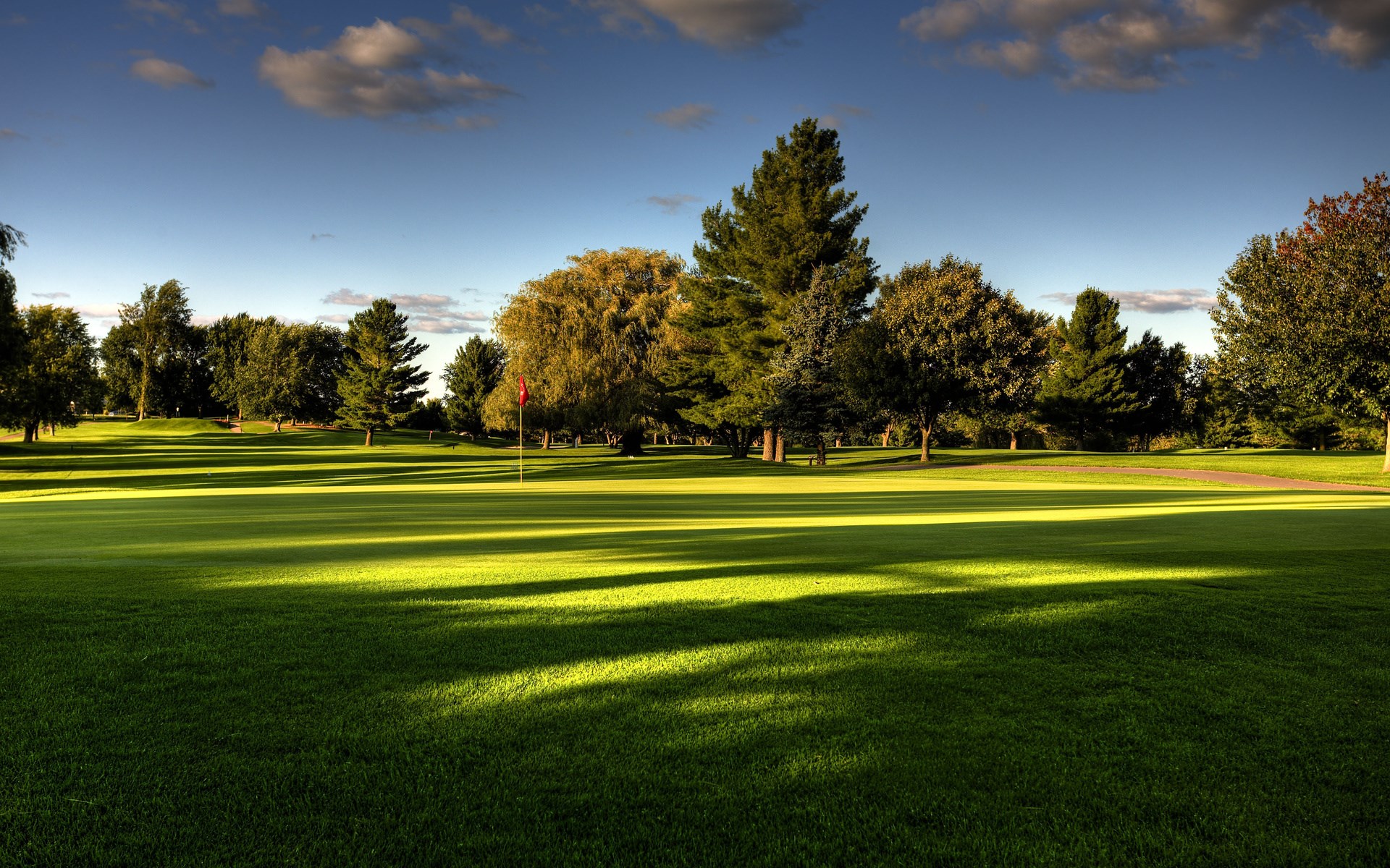 Golf course with trees and a flag on a sunny day HD Wallpaper
