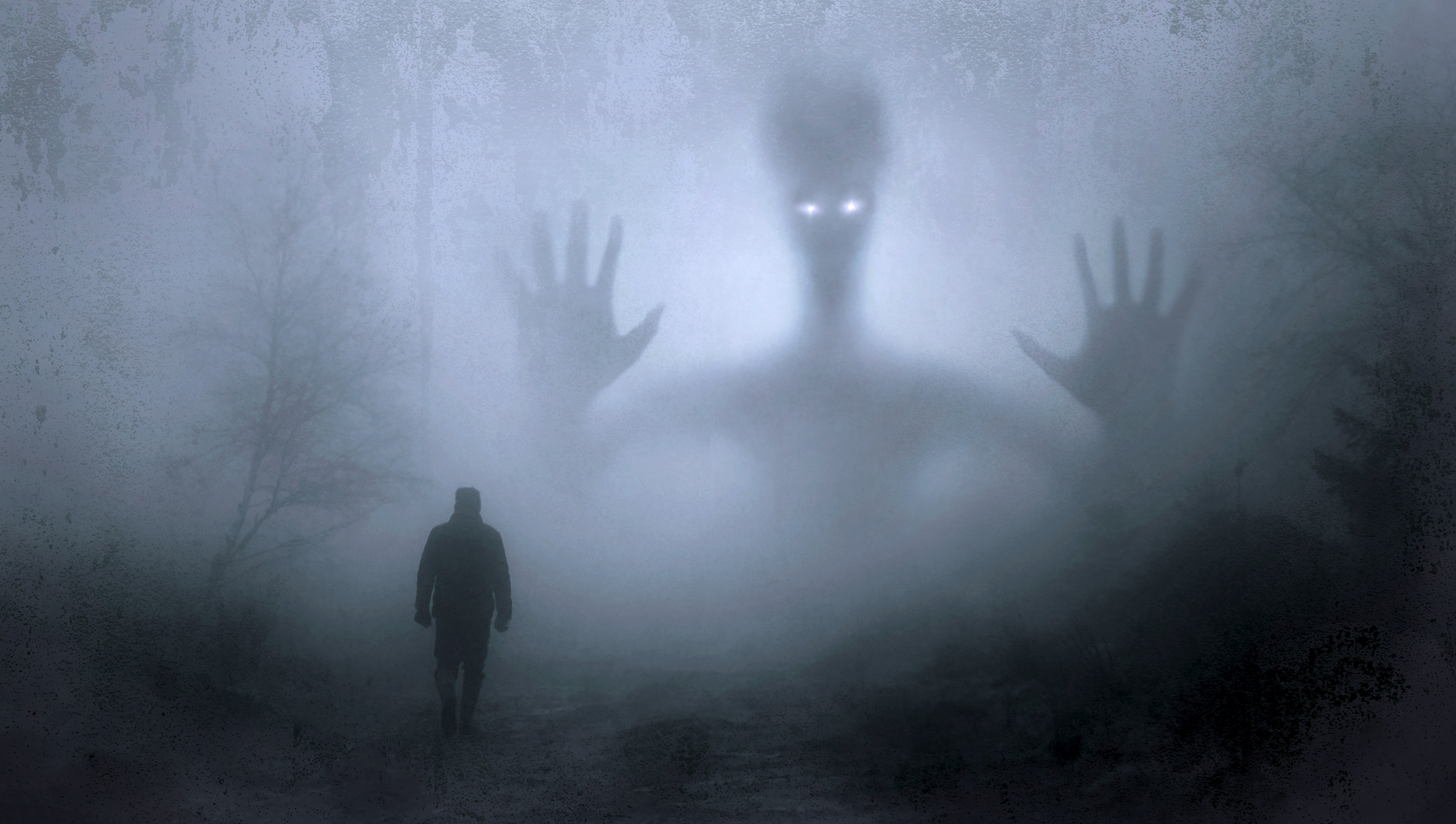 Man walks in fog towards a giant shadowy creature HD Wallpaper