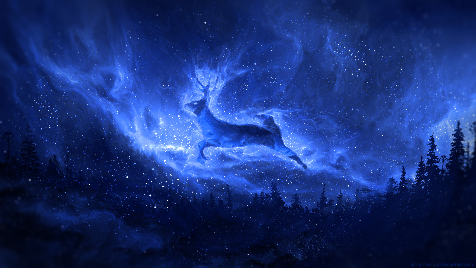 Spirit Deer in a Starry Blue Nebula Sky HD Wallpaper
