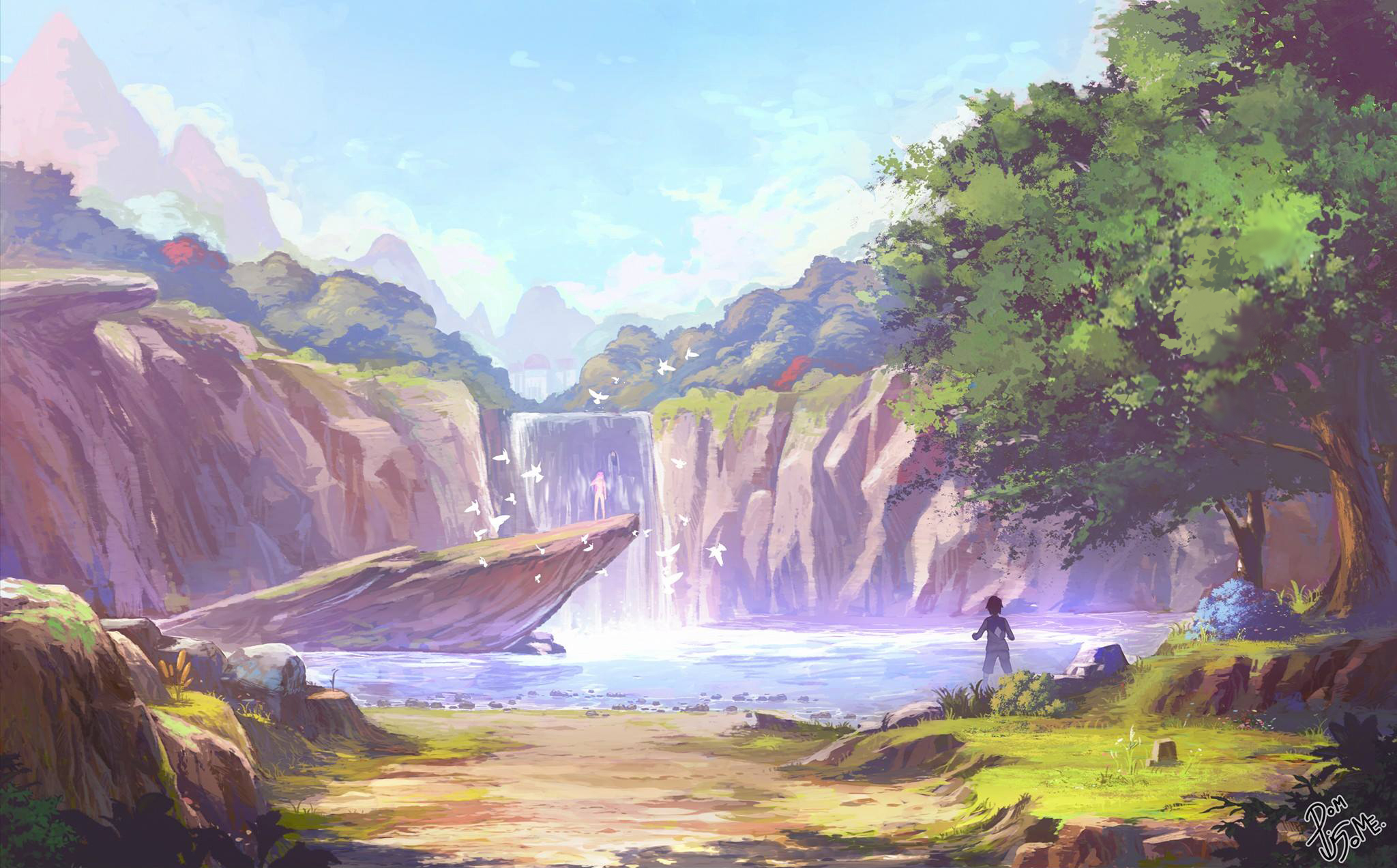Boy and girl by a waterfall in a natural landscape HD Wallpaper