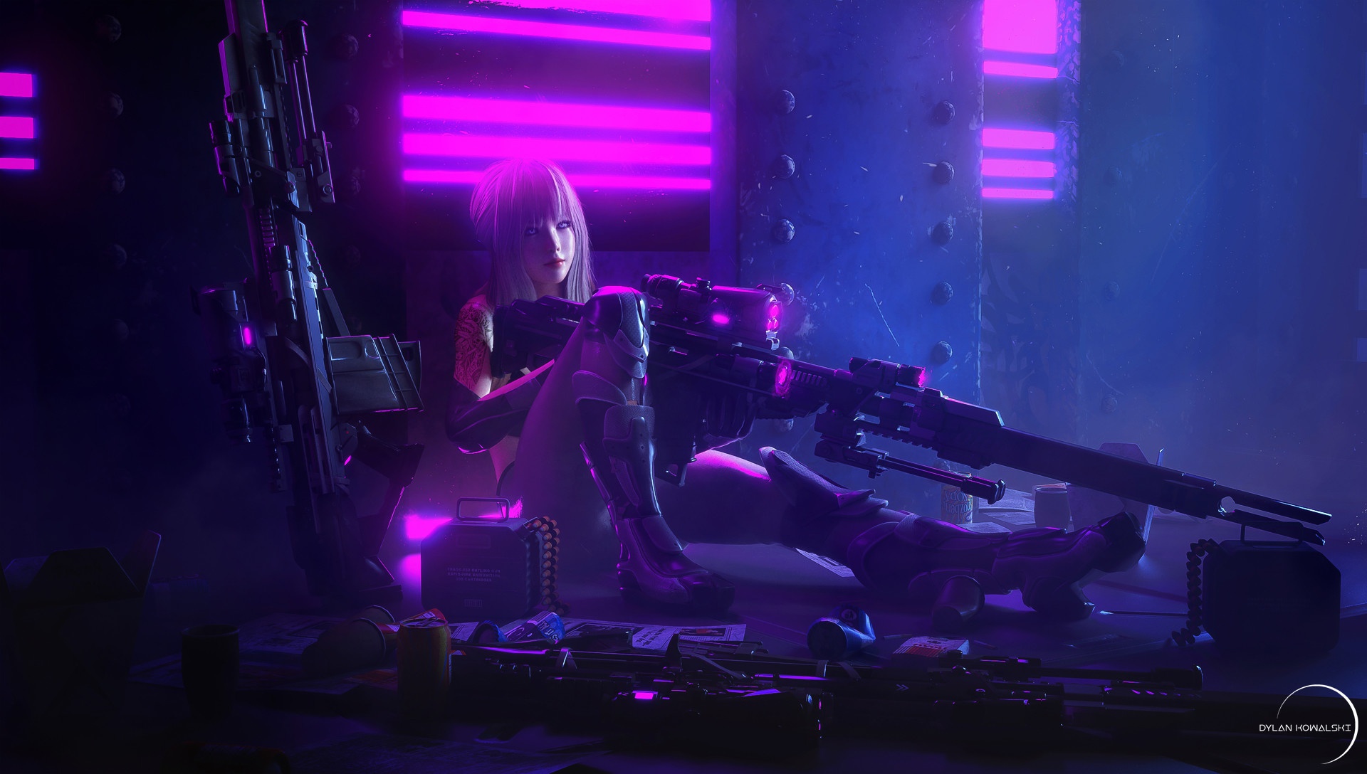 Cyberpunk Woman Warrior with Gun and Purple Tattoo HD Wallpaper