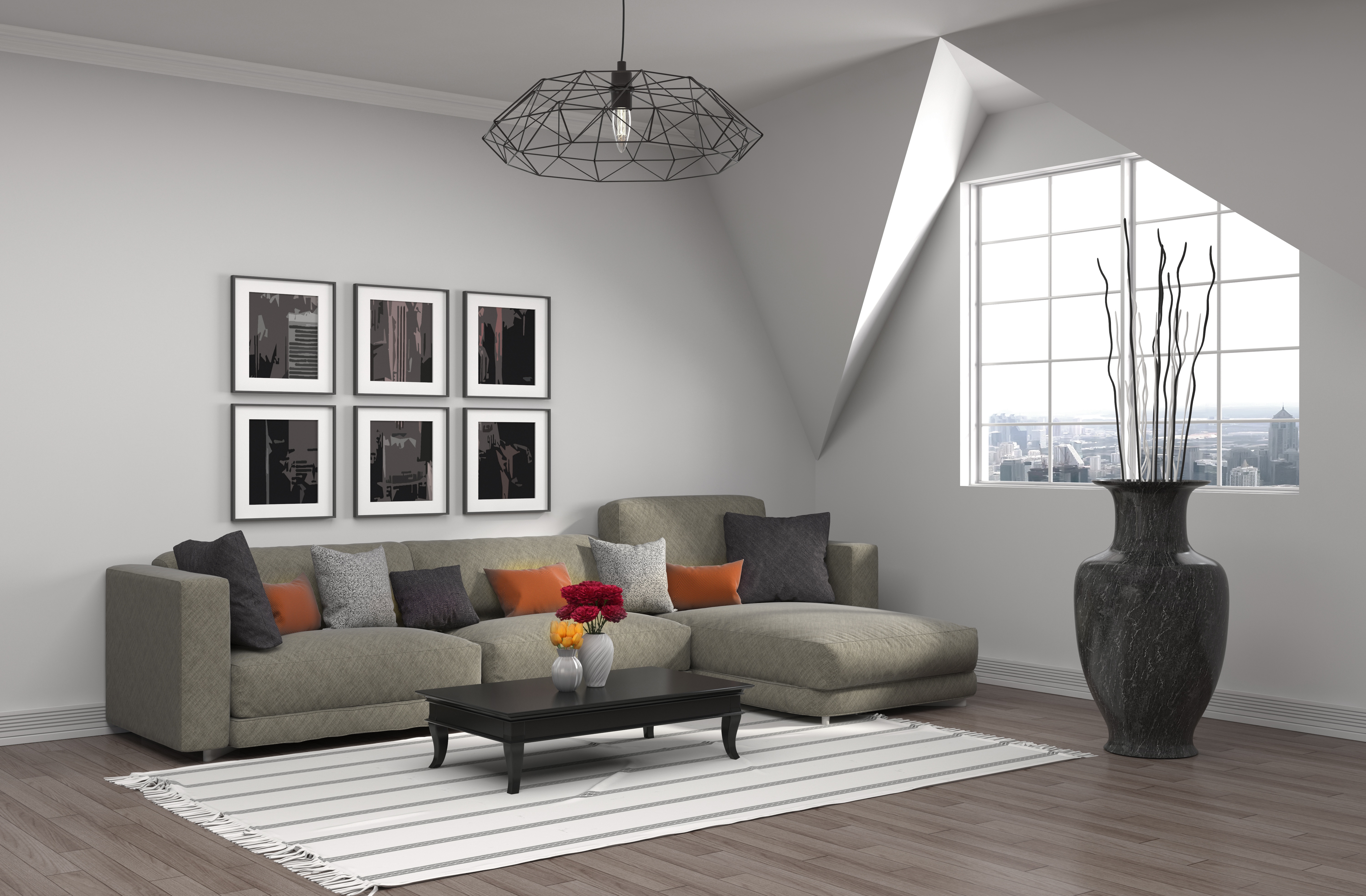 Modern living room with sectional sofa and large window HD Wallpaper