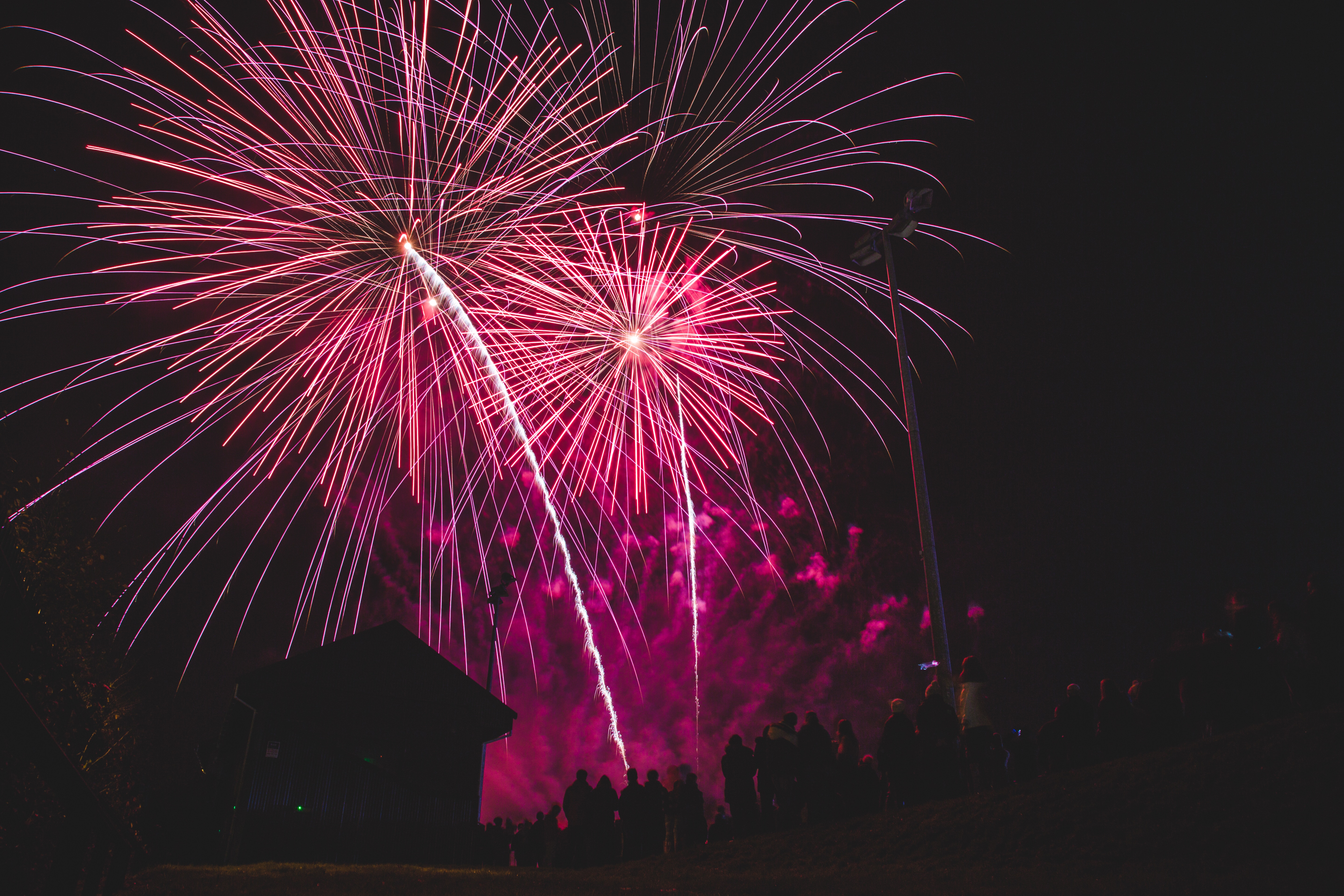 Pink and purple fireworks show over a silhouetted crowd and building HD Wallpaper
