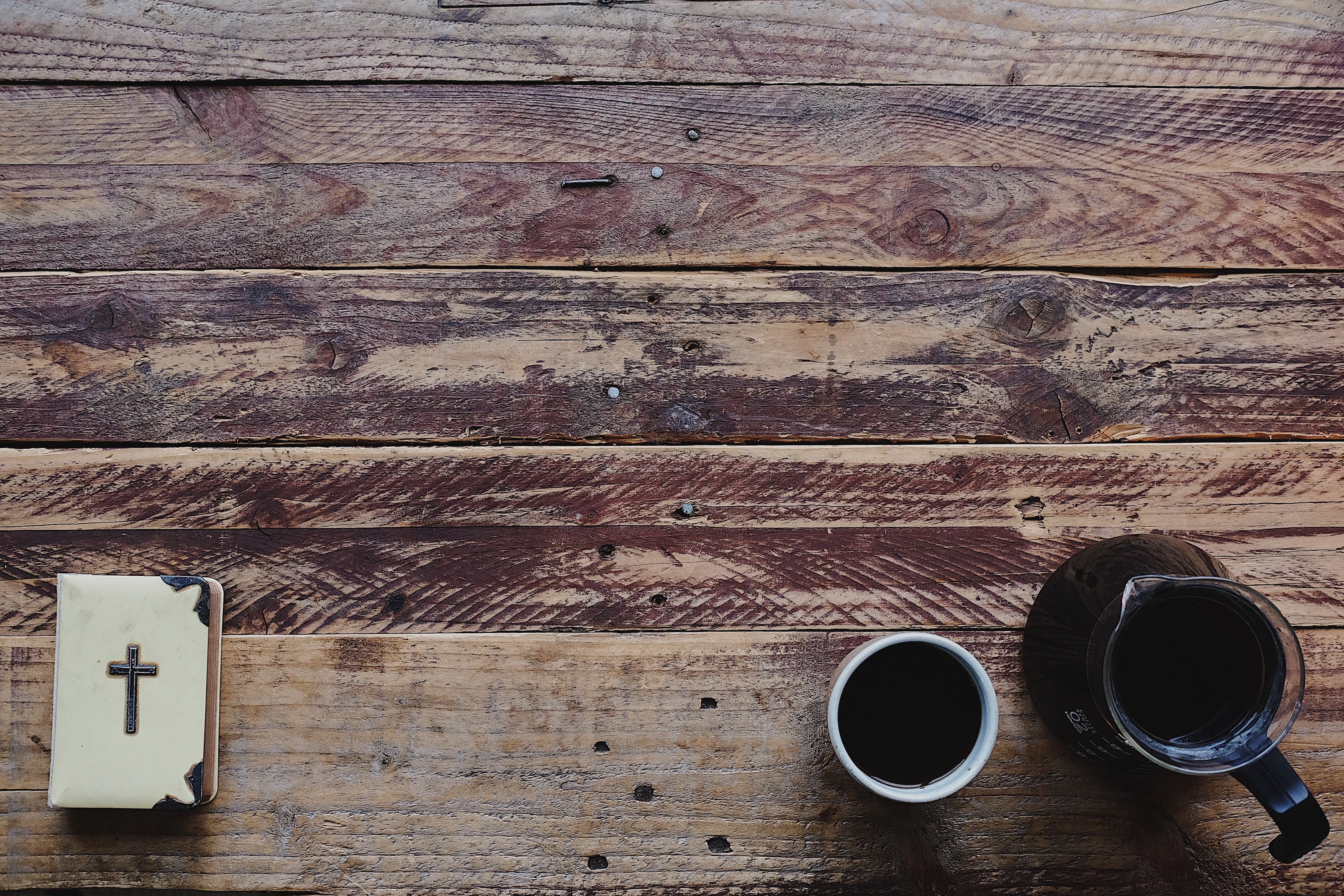 Bible and coffee on a wooden table HD Wallpaper