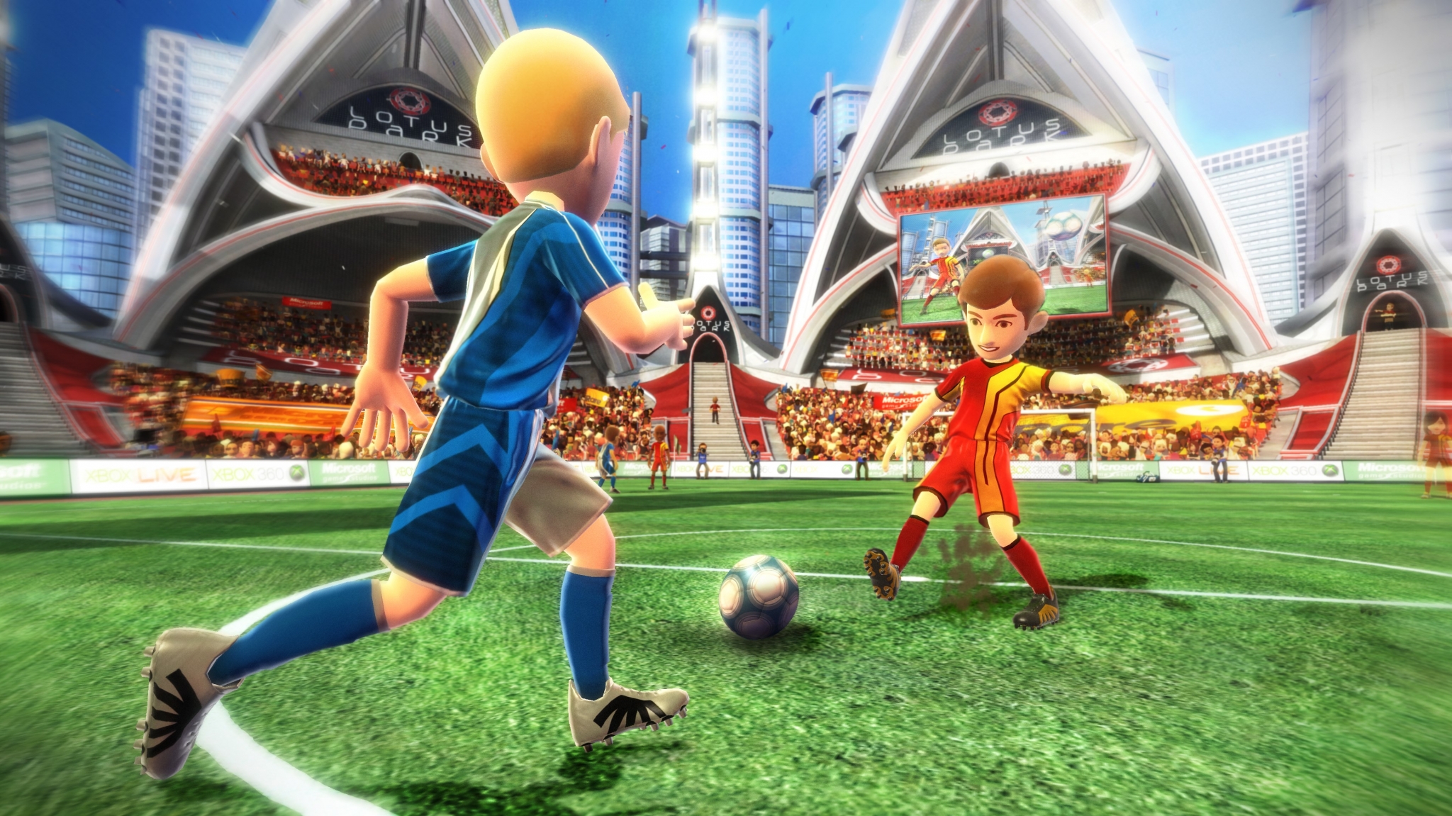 Soccer players in a futuristic stadium HD Wallpaper