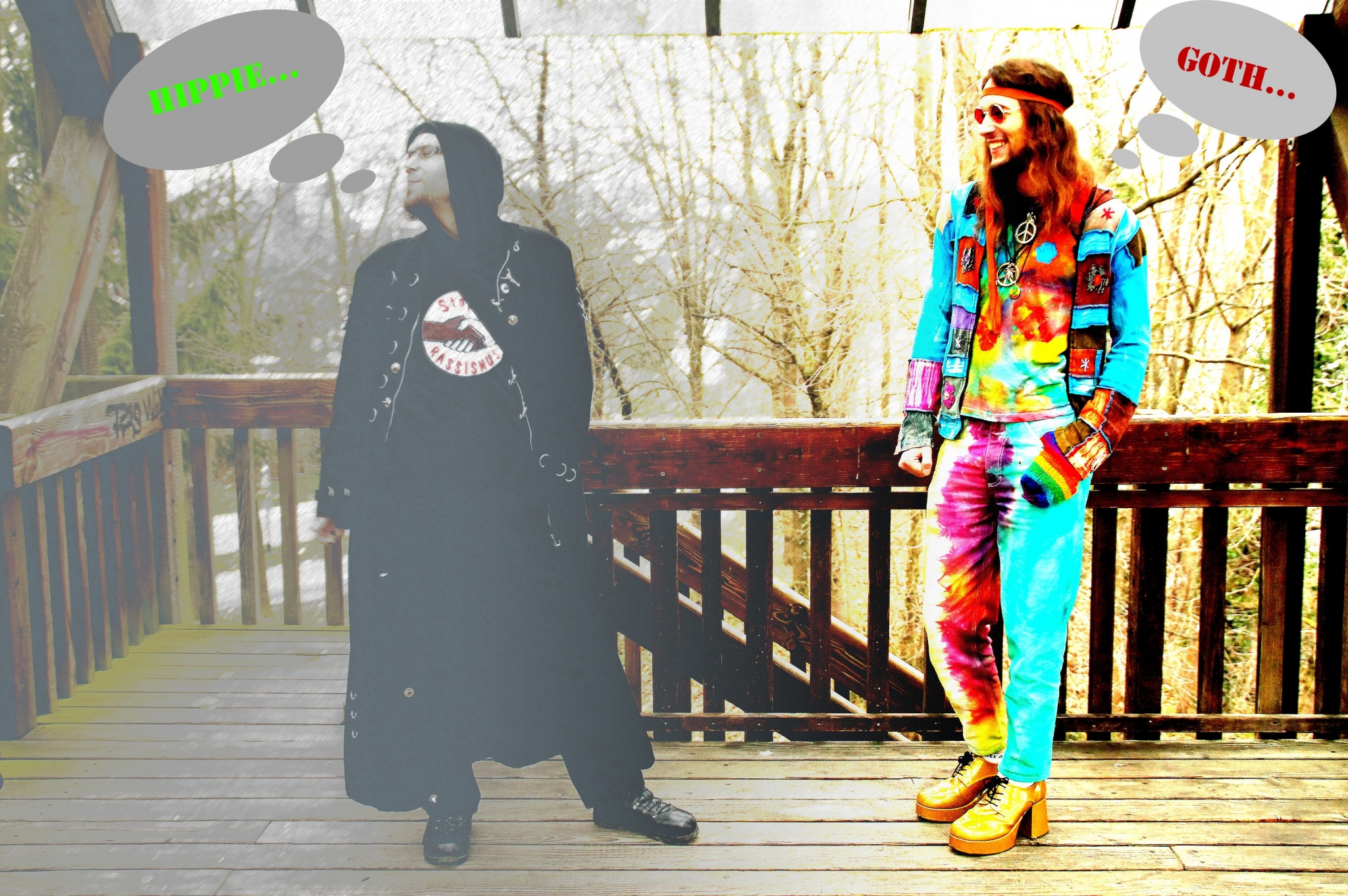 Two people in different subcultures on a wooden deck HD Wallpaper