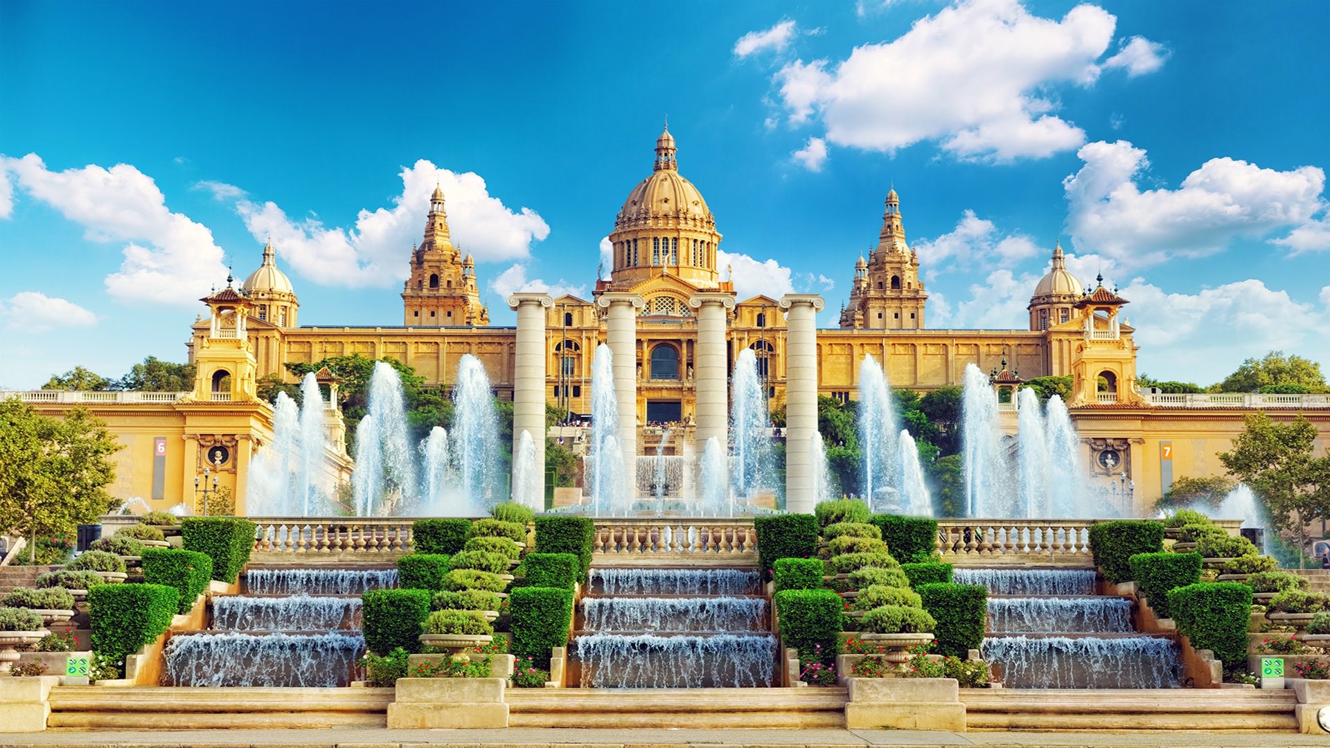 Palau Nacional building with fountains in Barcelona HD Wallpaper