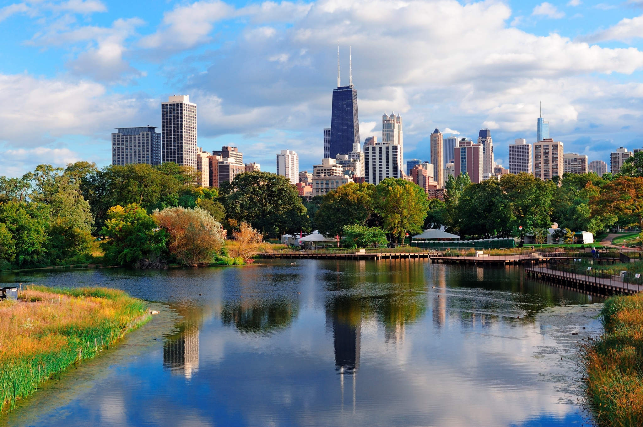 Chicago Skyline with Park and Lake HD Wallpaper