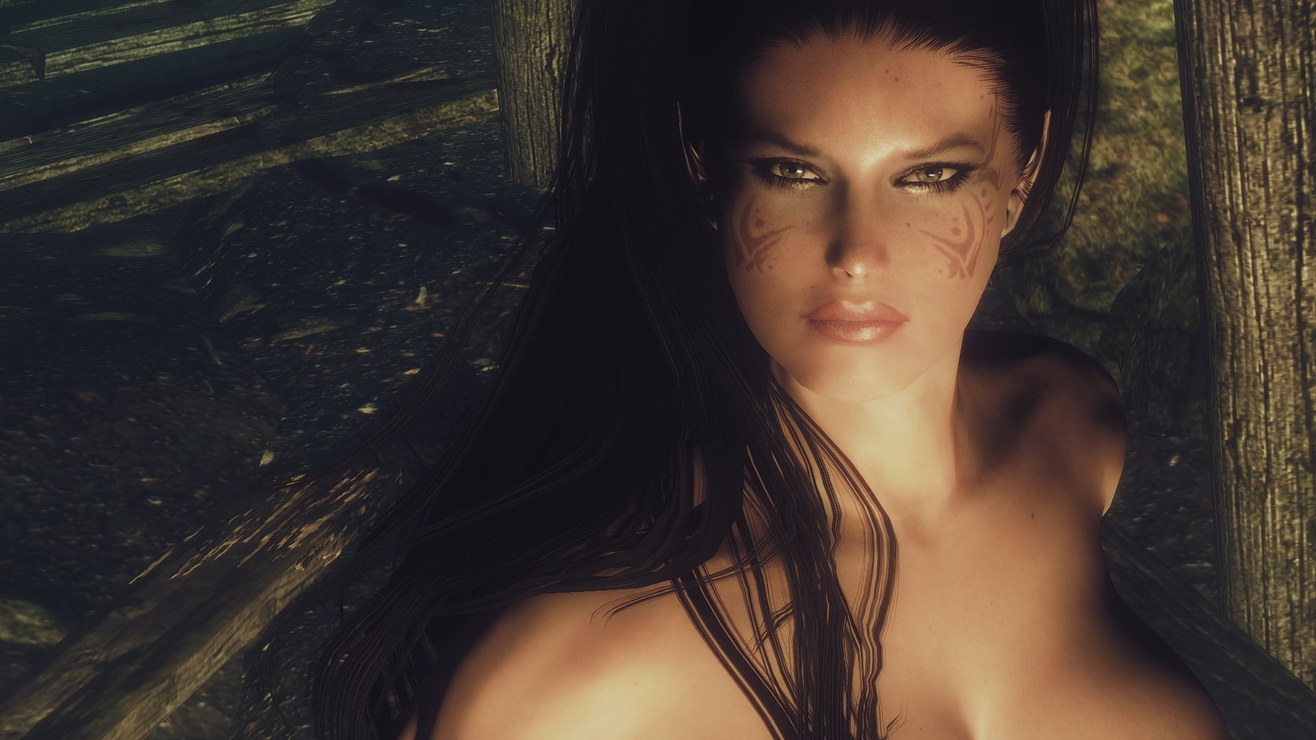 Woman with face tattoos in a forest HD Wallpaper
