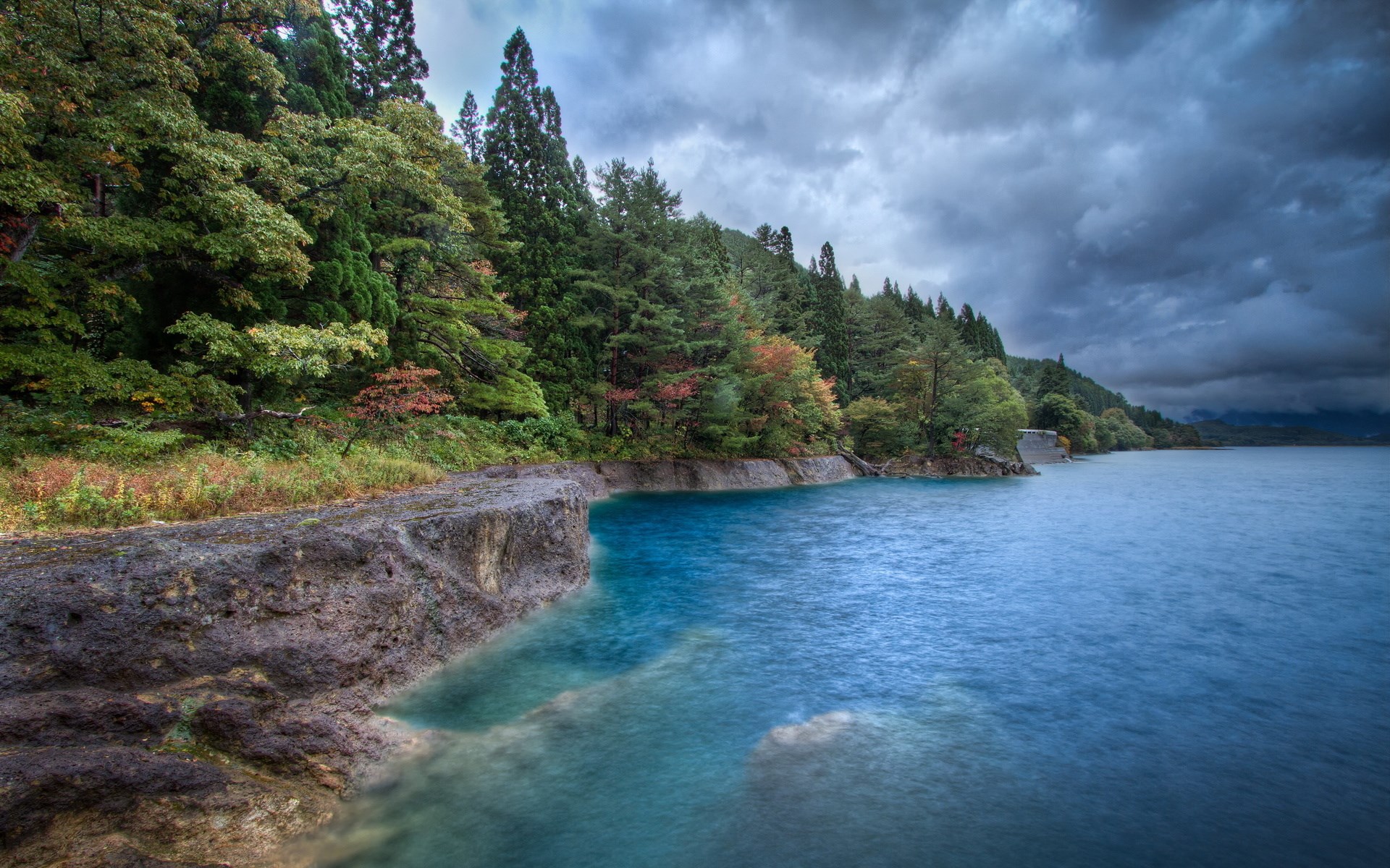 Lake with forest and stormy sky HD Wallpaper
