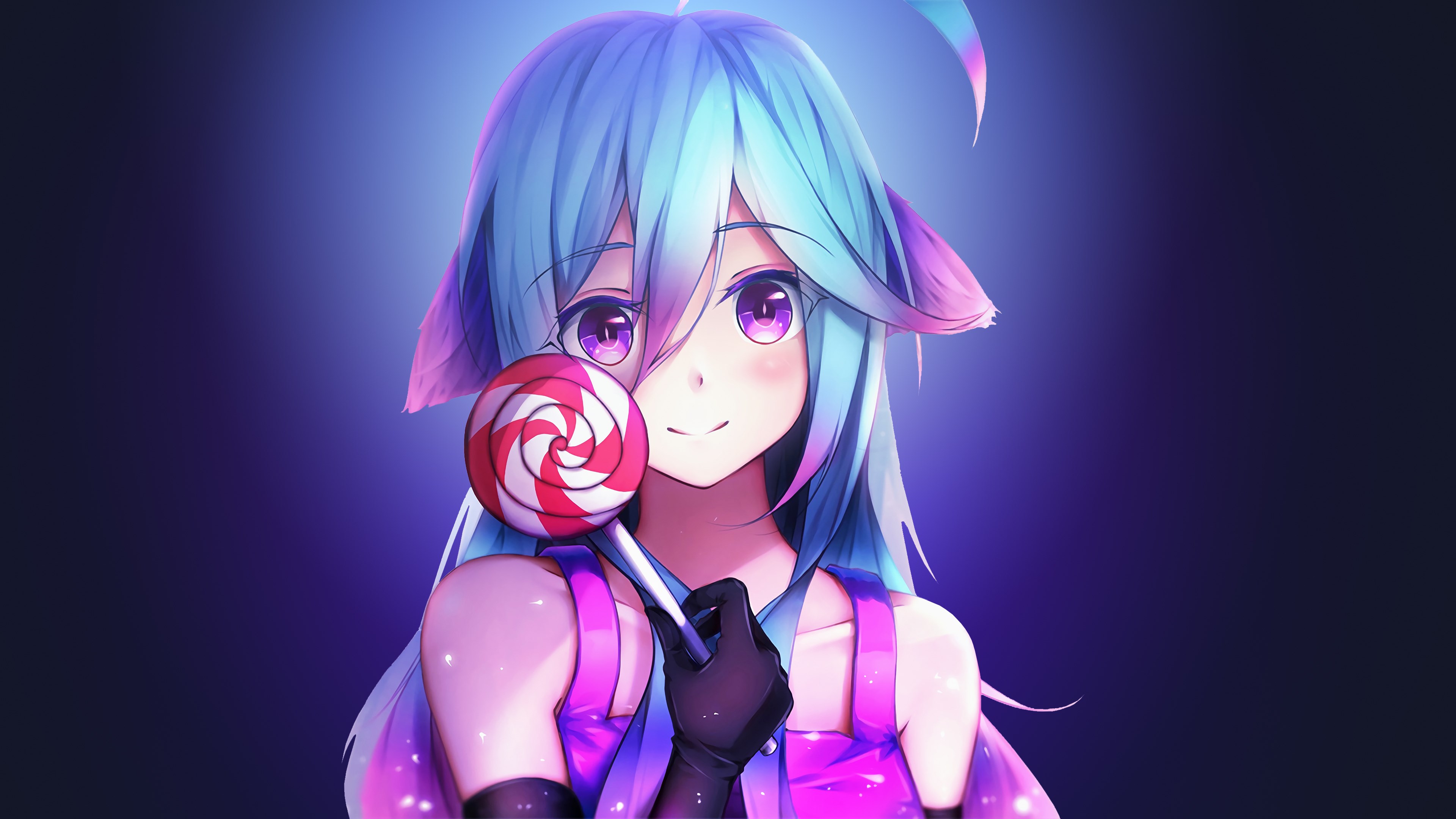 Anime girl with blue hair holding a lollipop HD Wallpaper
