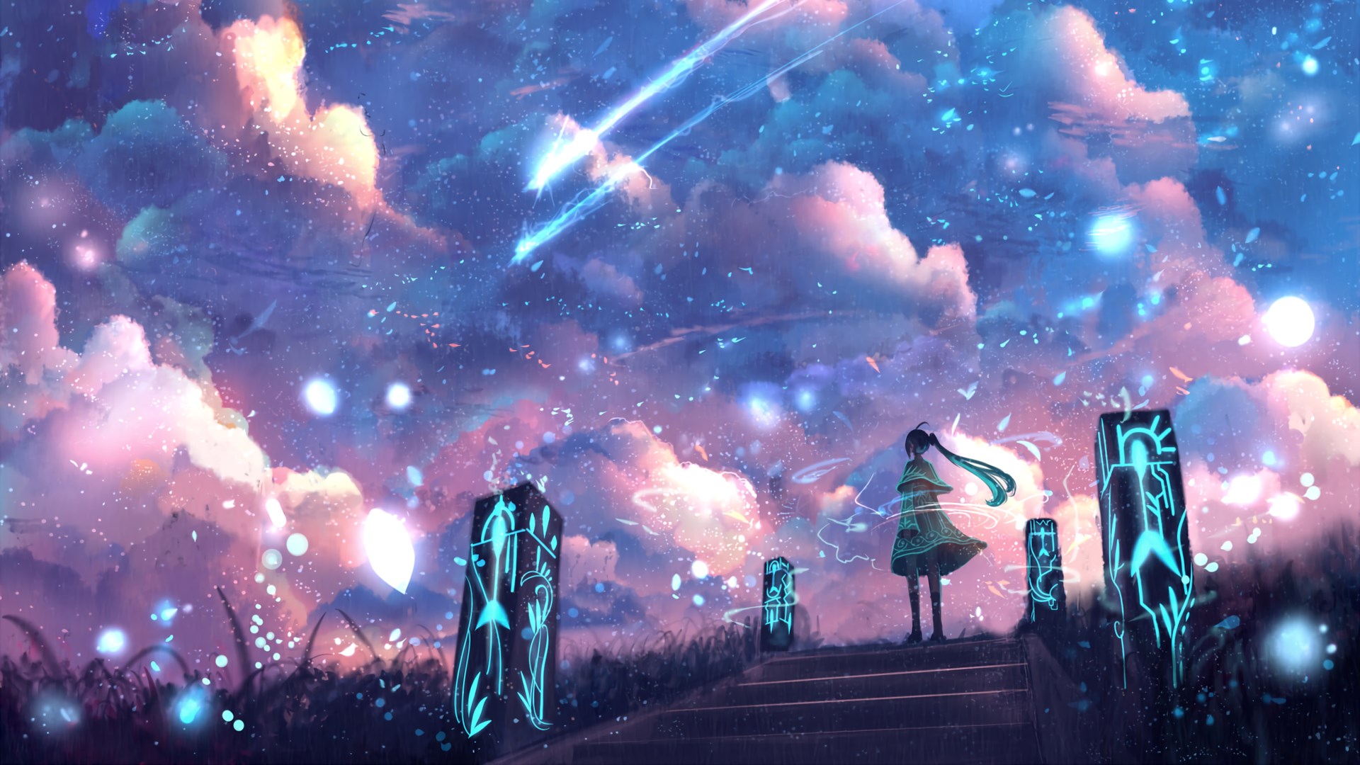 Girl in a magical sky with shooting stars HD Wallpaper