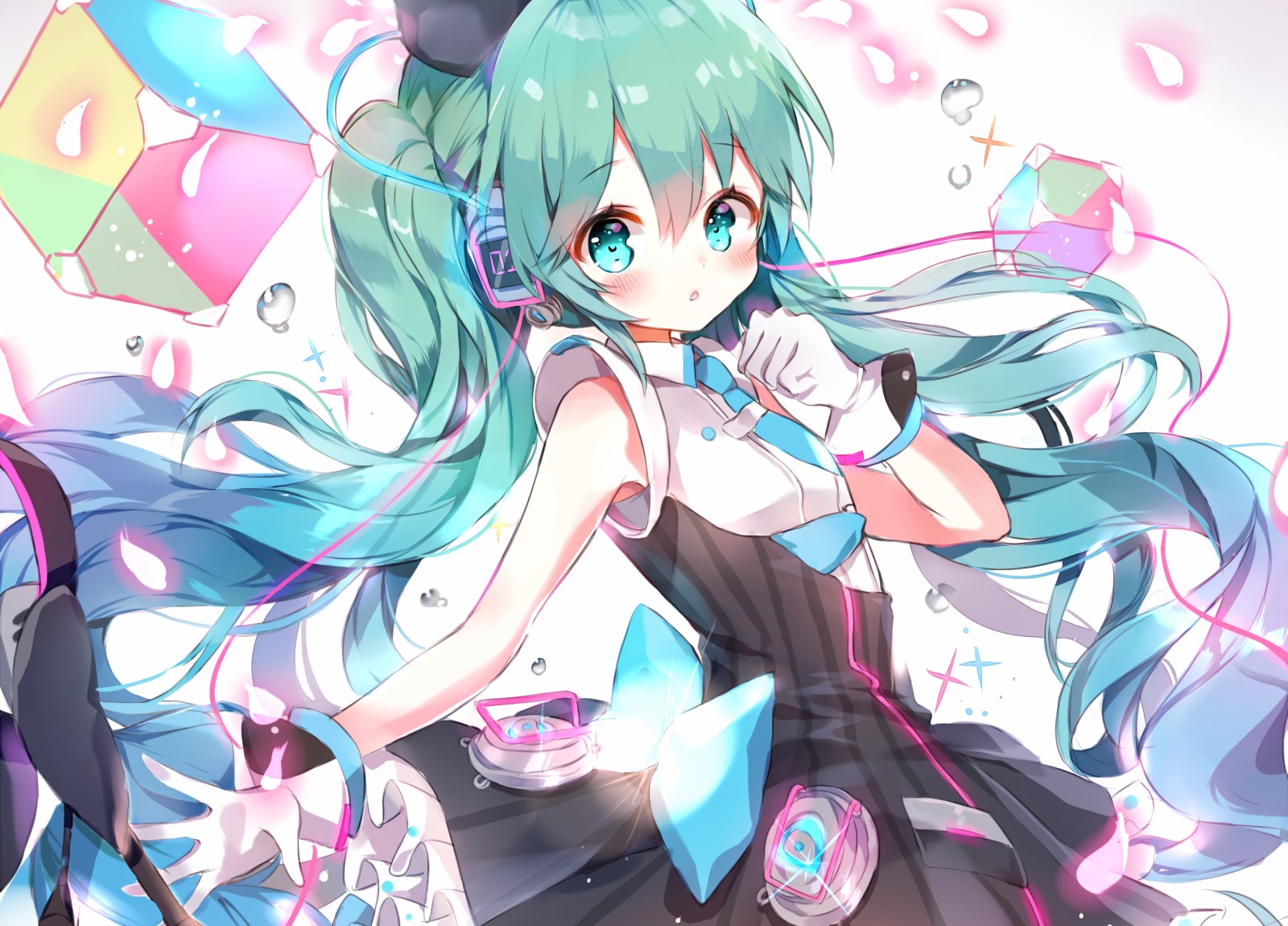 Hatsune Miku from Vocaloid with headphones and colorful cubes HD Wallpaper