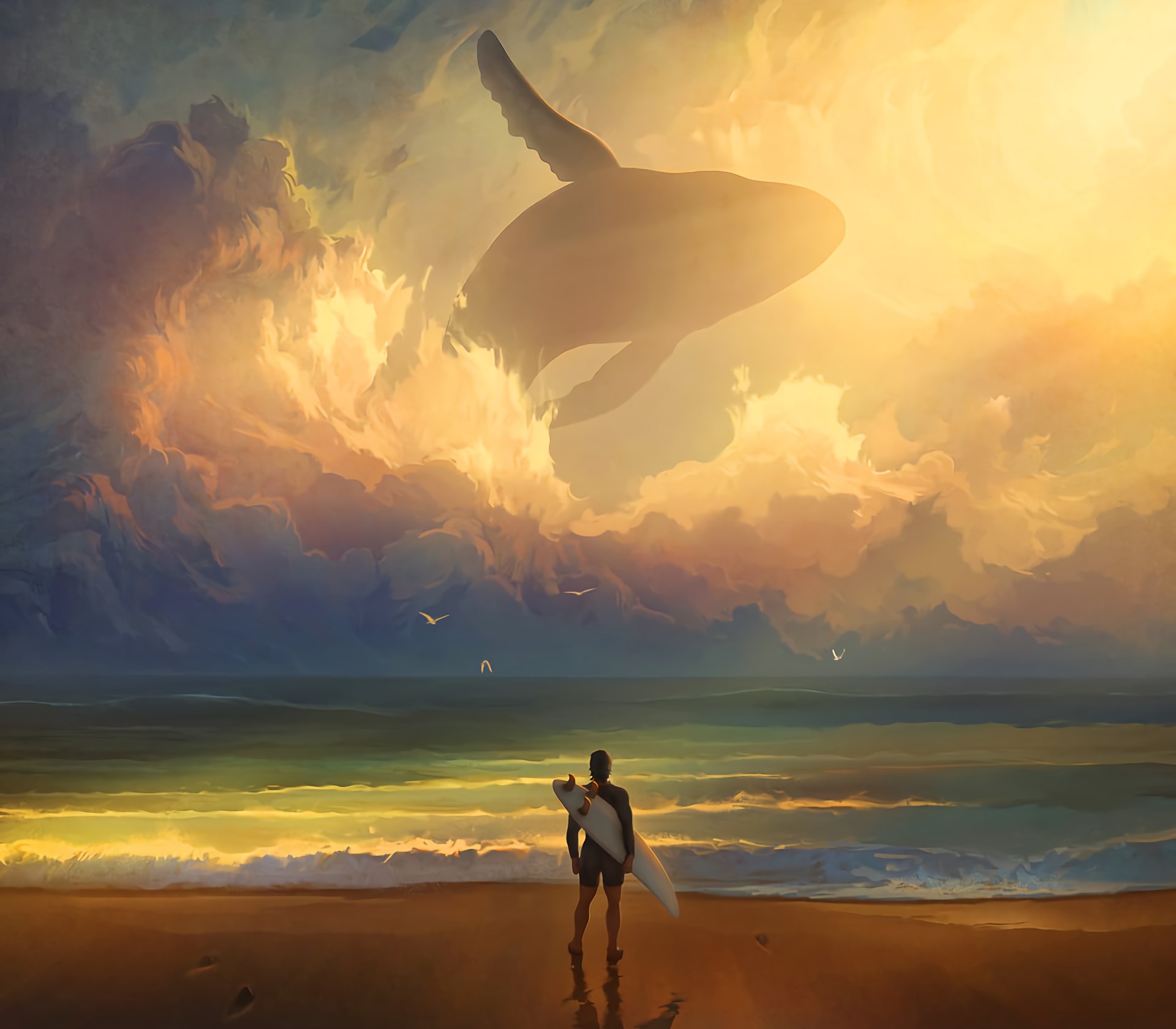 Surfer looking at a whale in the clouds HD Wallpaper