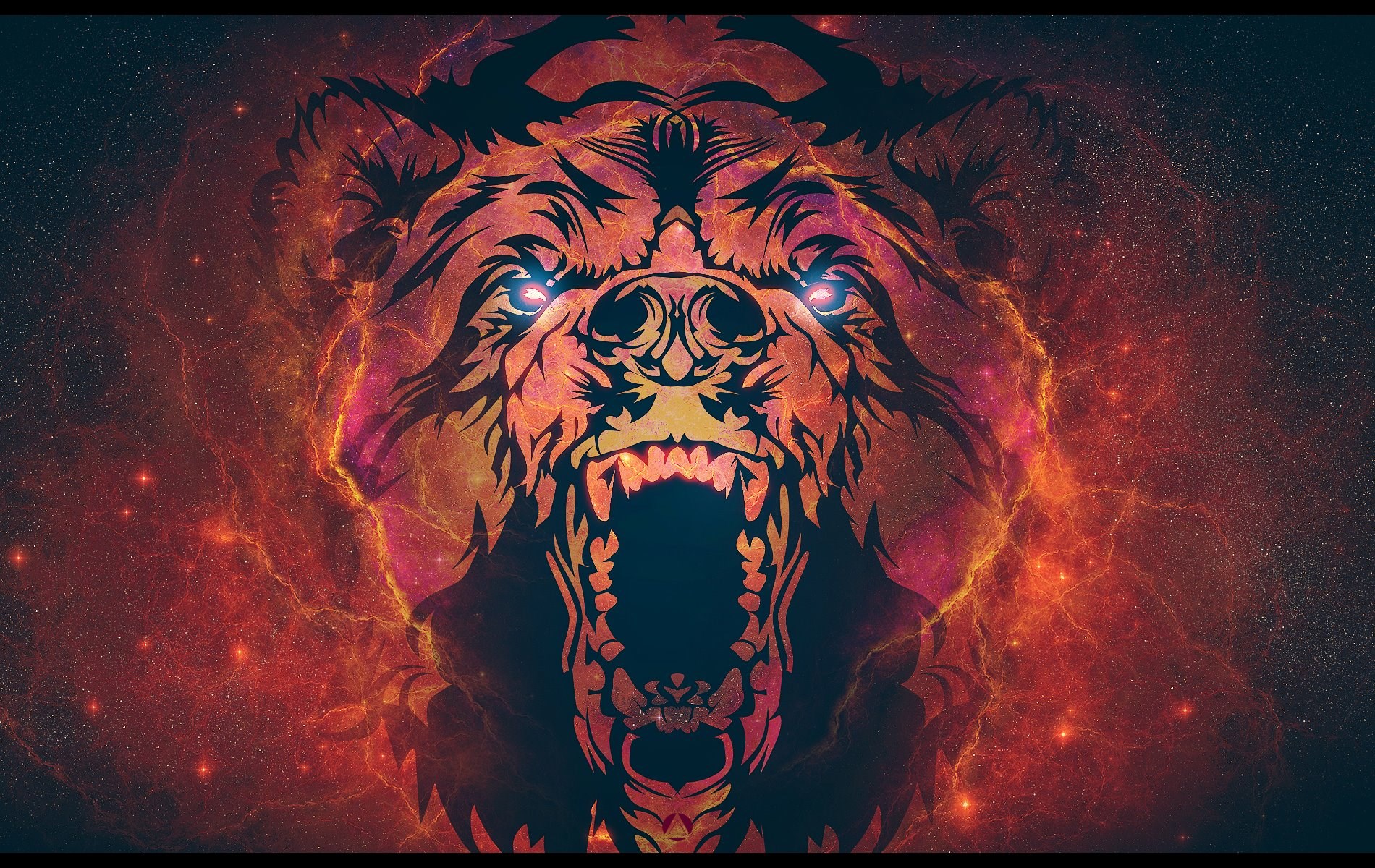 Tribal Bear Roaring with Fiery Nebula Background HD Wallpaper