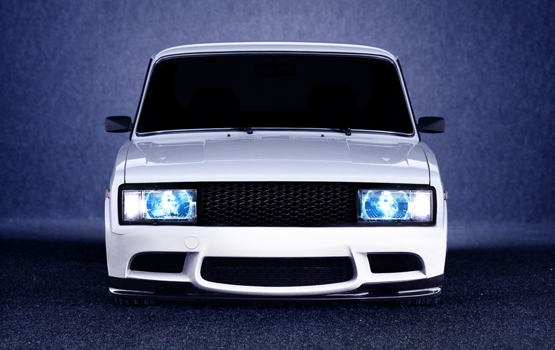 White Lada car with blue headlights HD Wallpaper