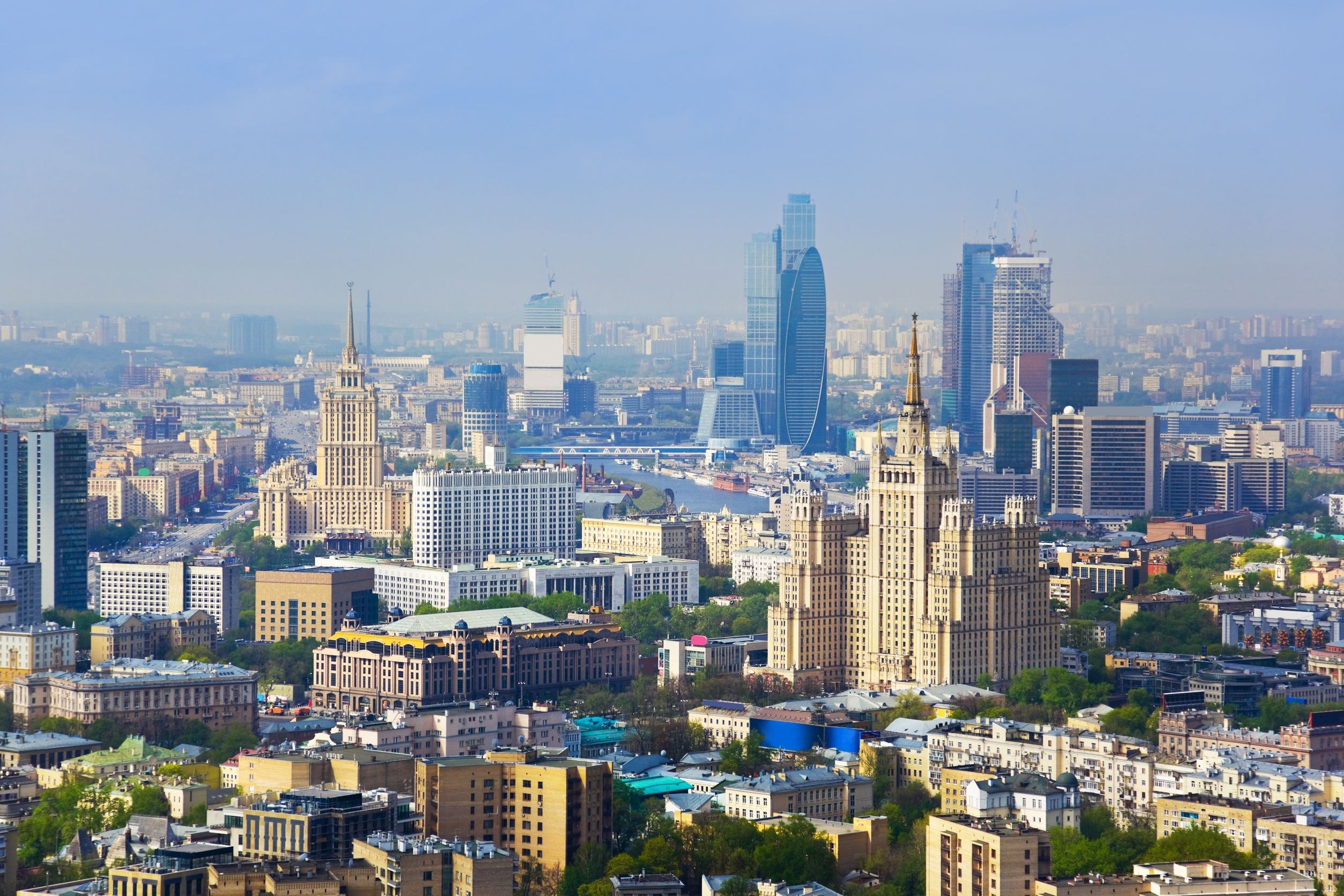 Moscow cityscape with skyscrapers and historic buildings HD Wallpaper