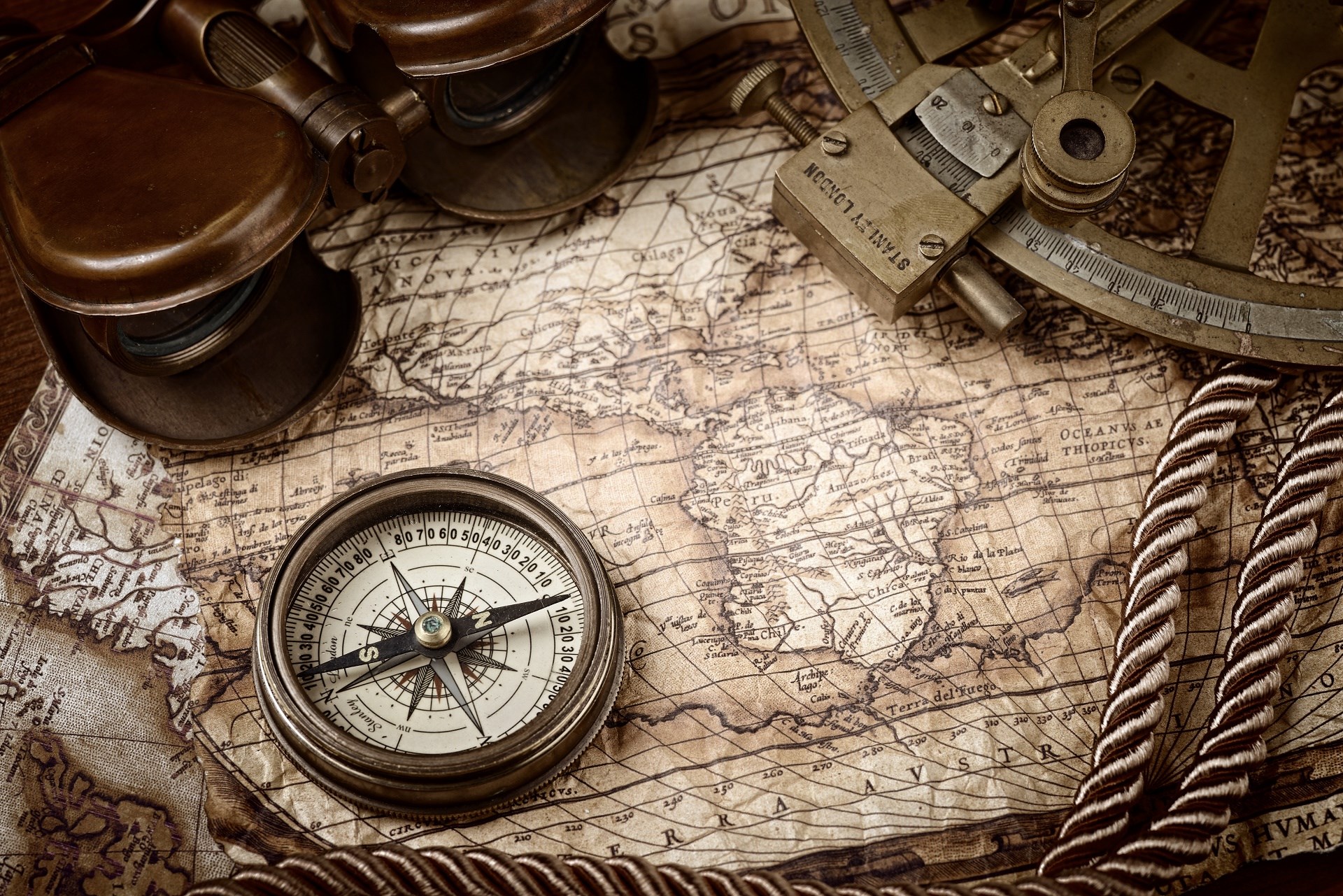 Vintage Compass and Sextant on Old Map HD Wallpaper