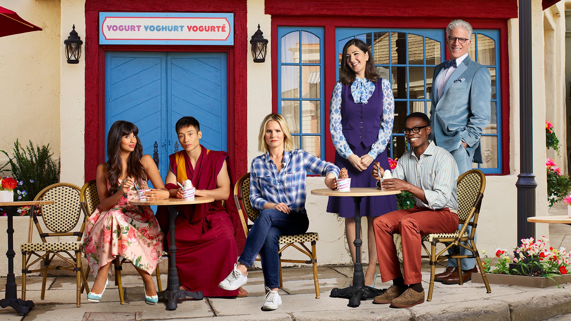 The Good Place cast at a yogurt shop HD Wallpaper