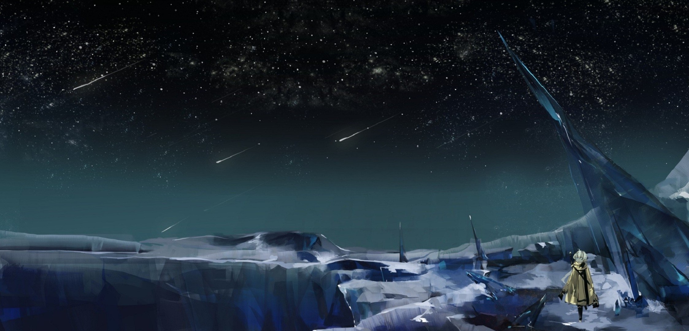 Girl in a snowy landscape under a starry sky HD Wallpaper