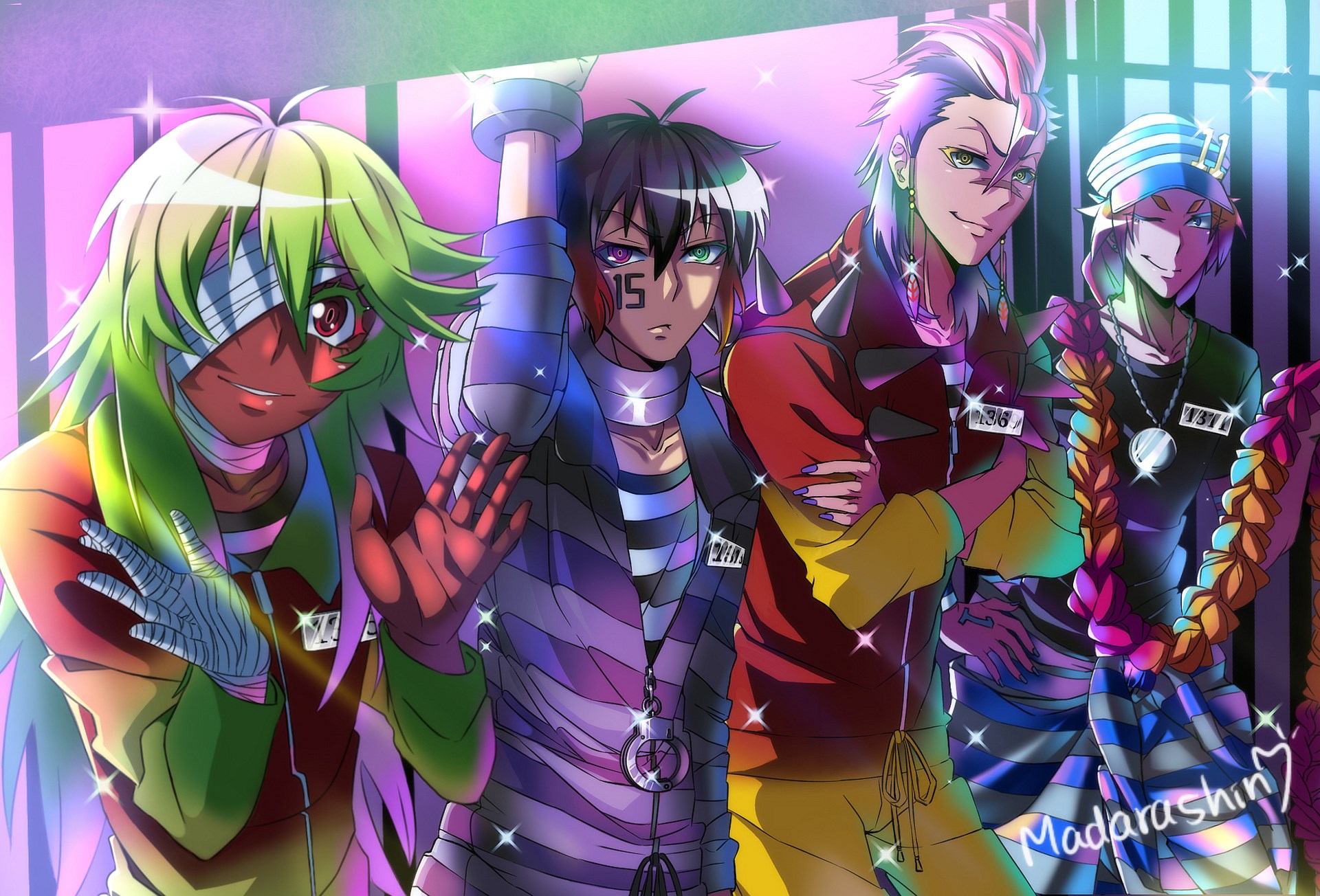 Four Colorful Nanbaka Anime Characters in Vibrant Uniforms HD Wallpaper