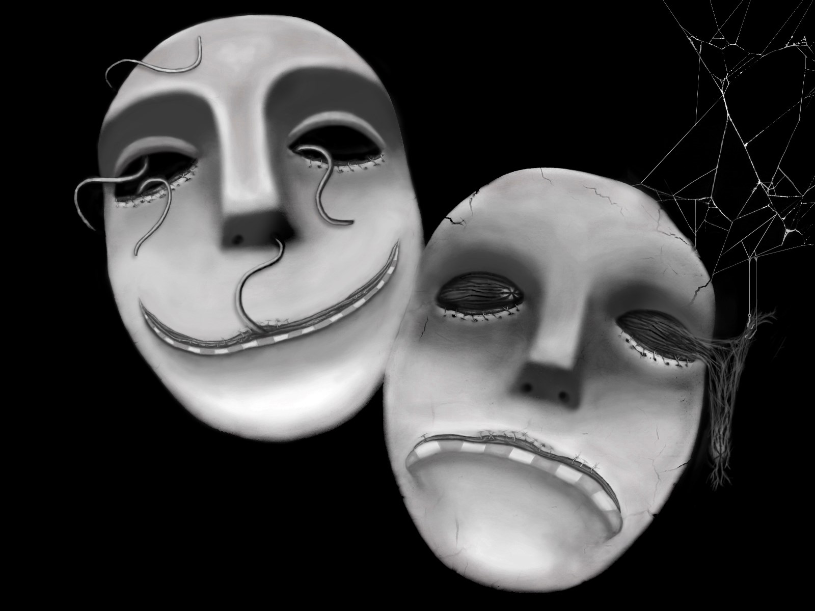 Two masks, one happy, one sad, with spiderwebs HD Wallpaper