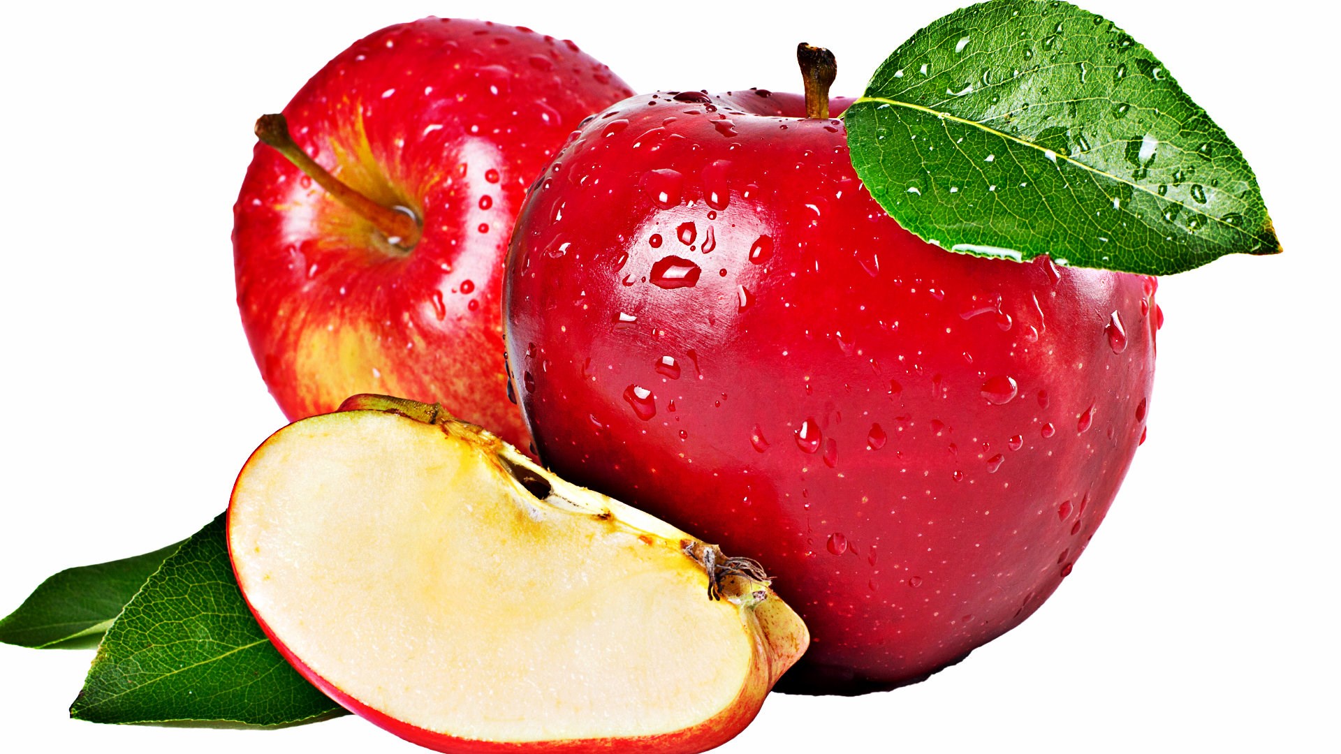 Red apples with water droplets and a slice HD Wallpaper