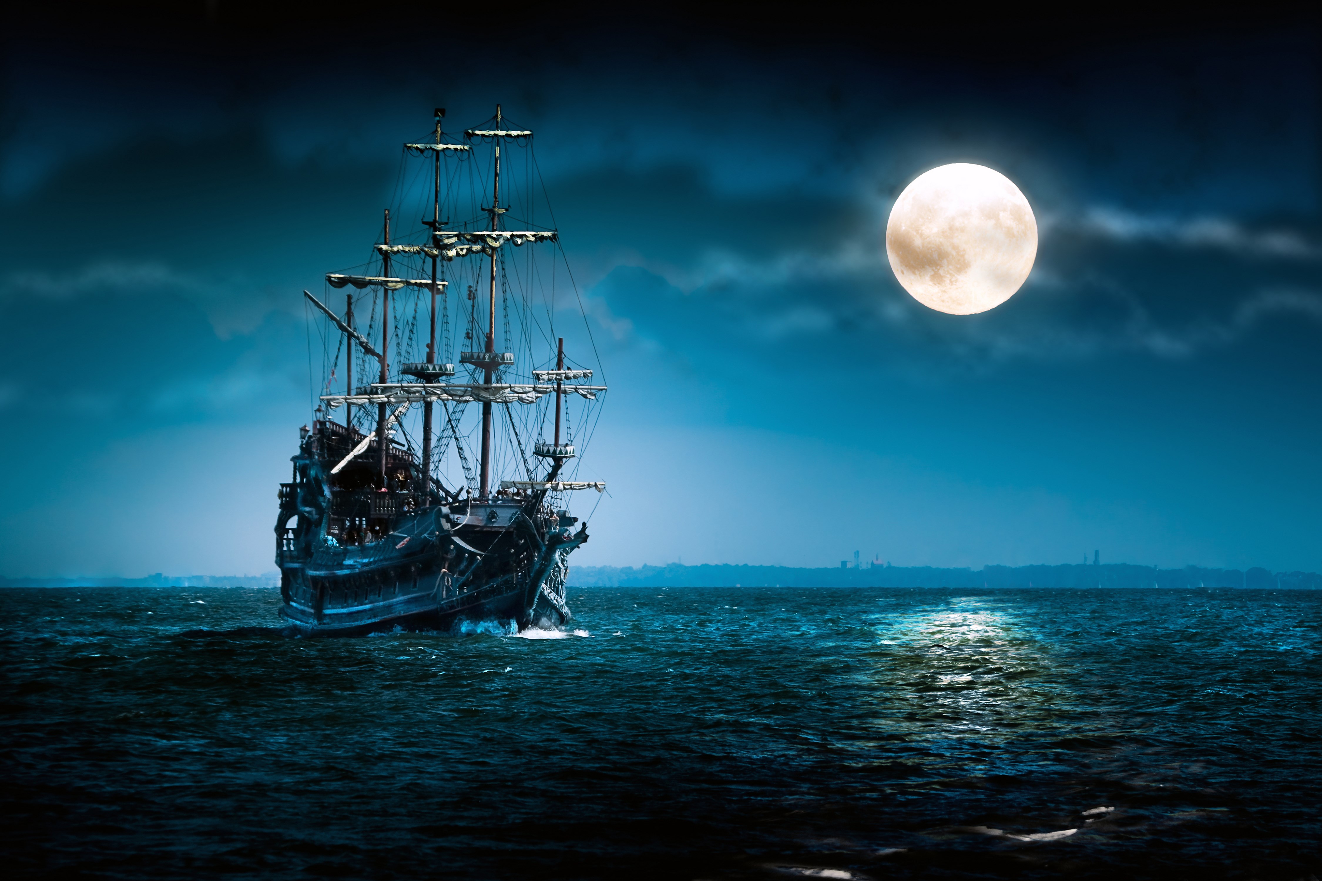 Pirate ship sailing under a full moon HD Wallpaper