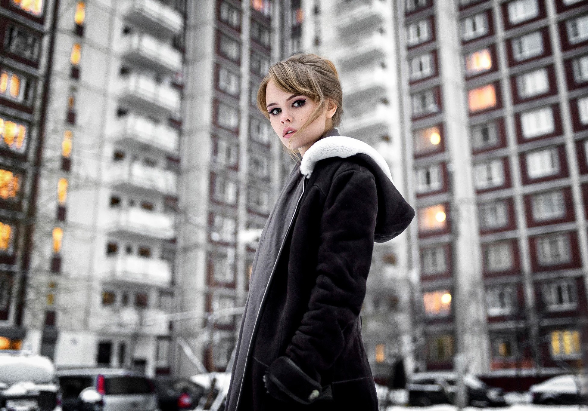 Anastasia Shcheglova Outdoors in Winter Black Coat HD Wallpaper