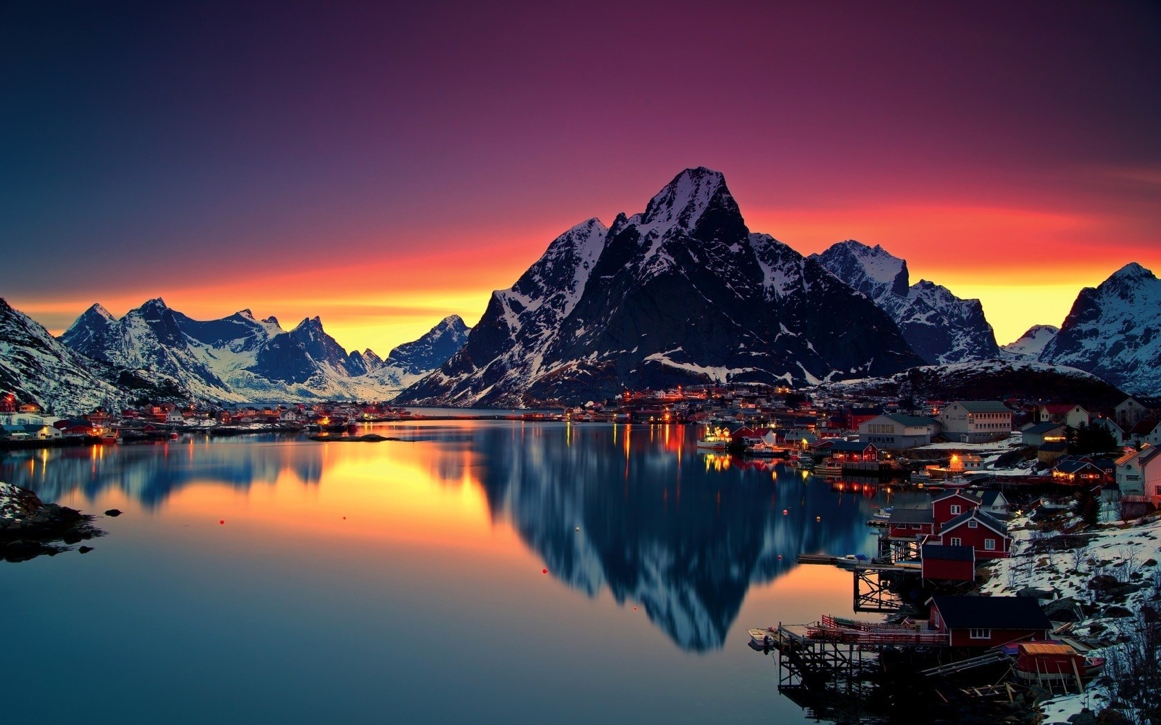 Lofoten mountains and village at sunset HD Wallpaper