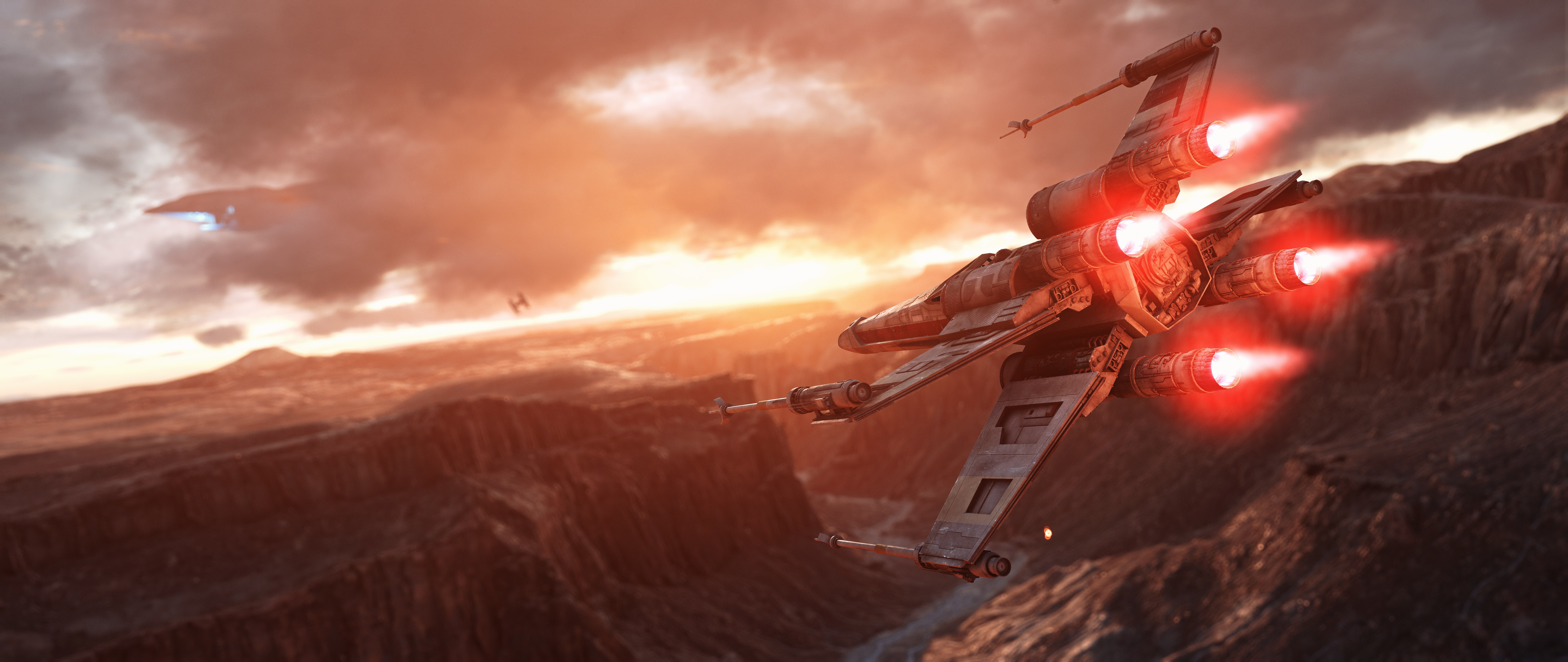 Star Wars Battlefront X-wing flying over canyon at sunset HD Wallpaper