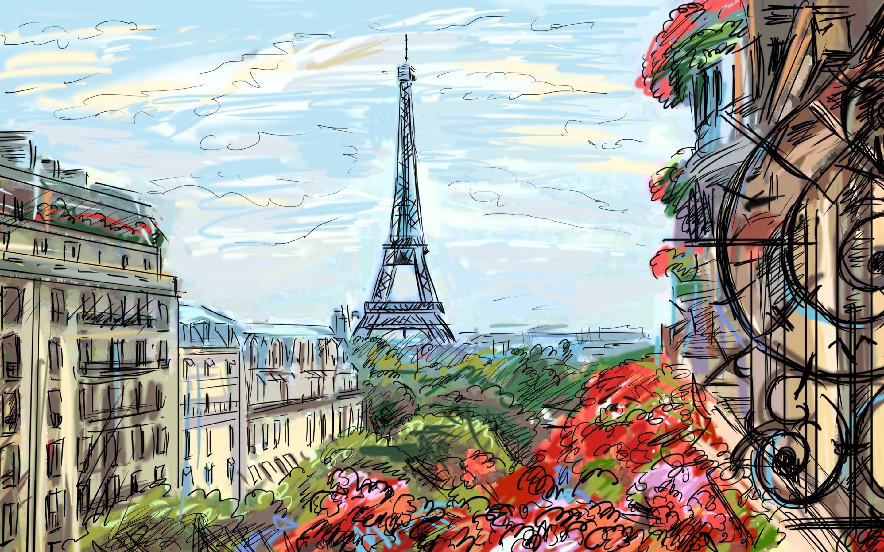 Parisian street view with Eiffel Tower and flowers HD Wallpaper