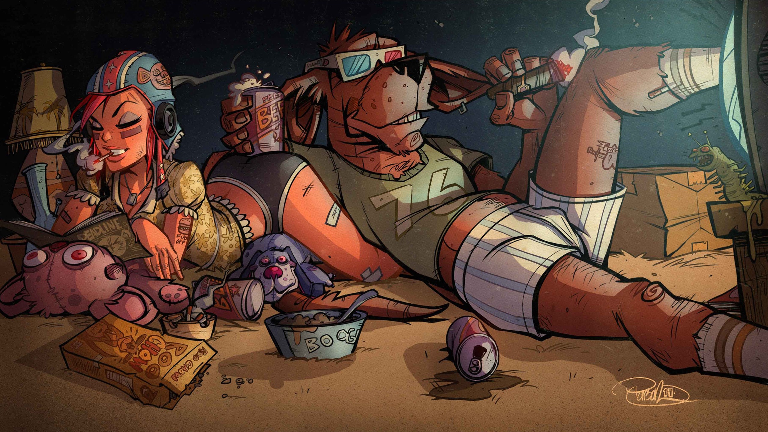 Tank Girl and mutant dog relax with drinks and cigarettes HD Wallpaper