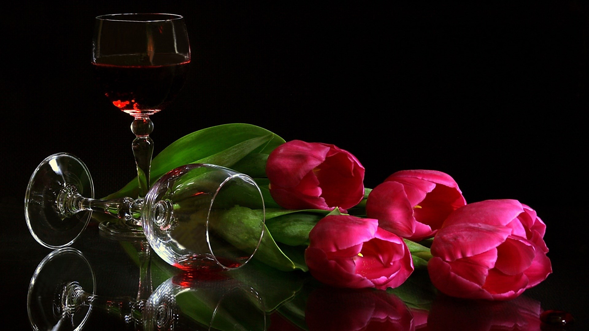 Red Wine Glasses with Pink Tulips HD Wallpaper