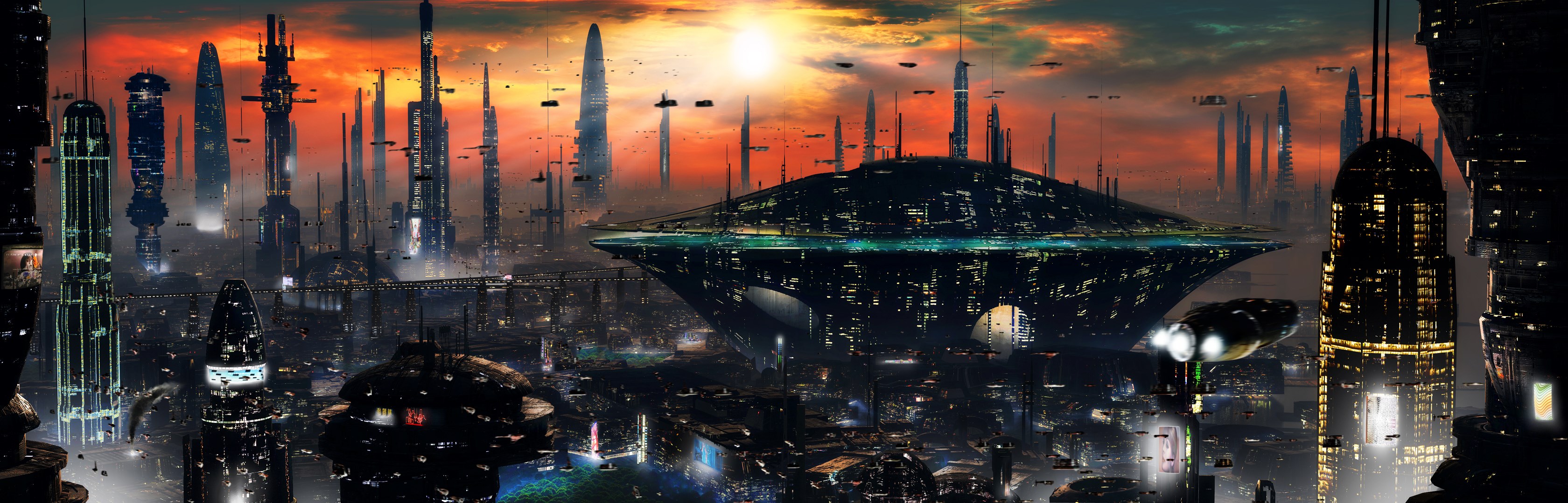 Futuristic city skyline at sunset HD Wallpaper