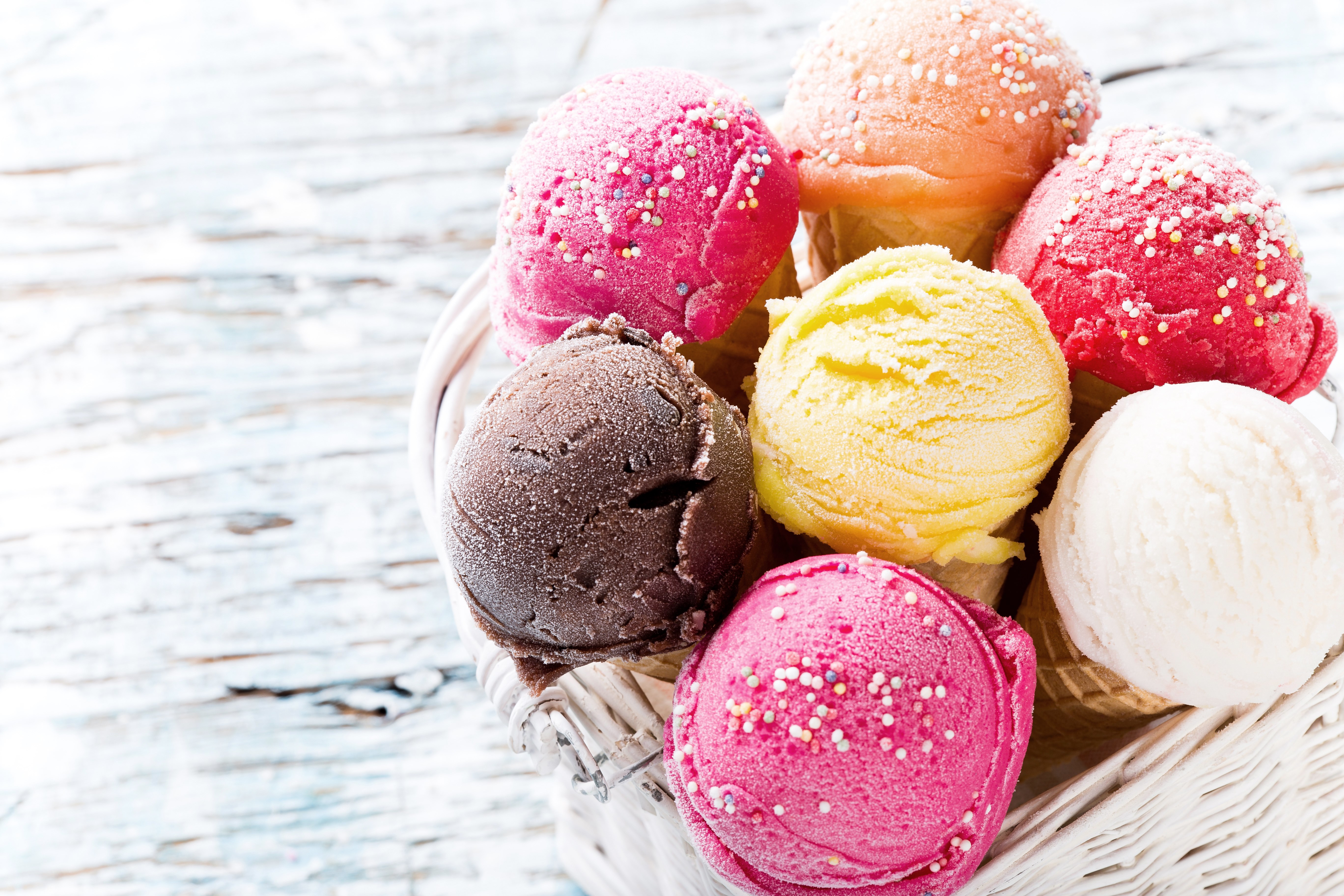 Basket of assorted ice cream scoops HD Wallpaper
