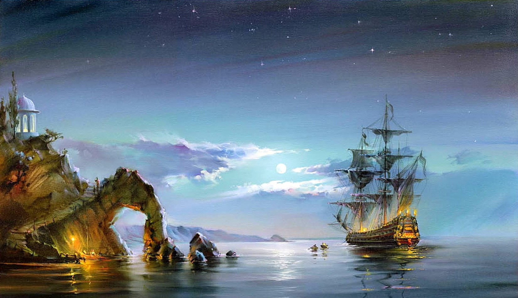 Cool Sailing Ship Near Rocky Coastal Arch at Twilight HD Wallpaper
