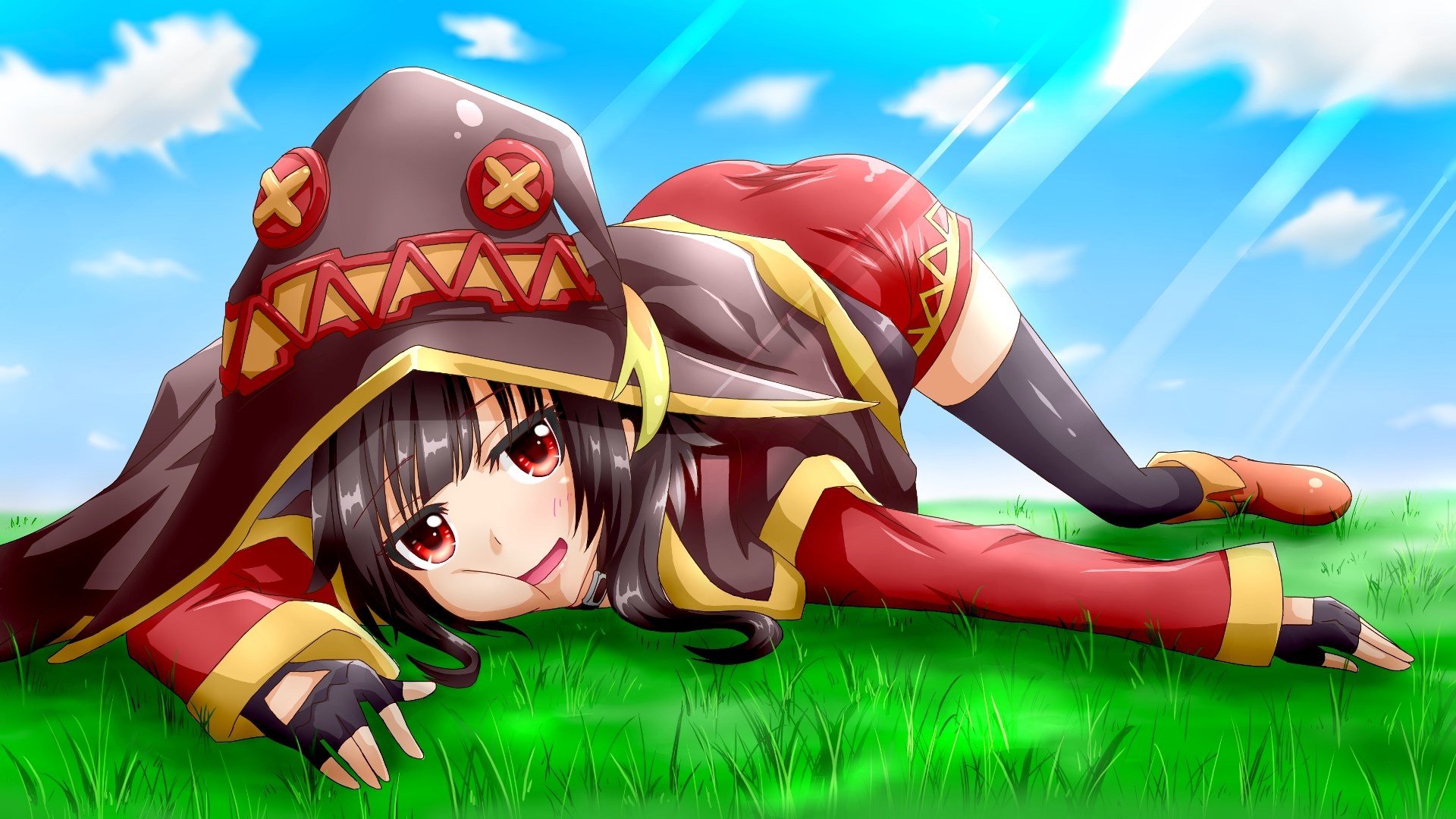 Megumin from Konosuba lying on grass HD Wallpaper