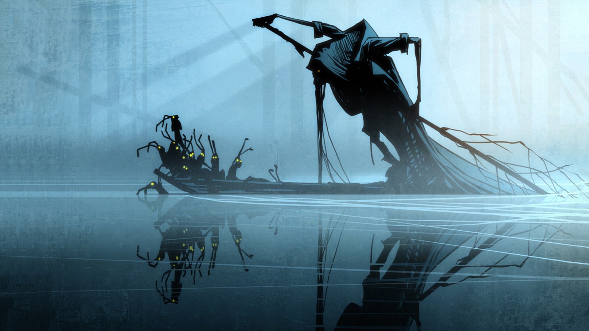 Creepy figures on a boat reflected in water HD Wallpaper