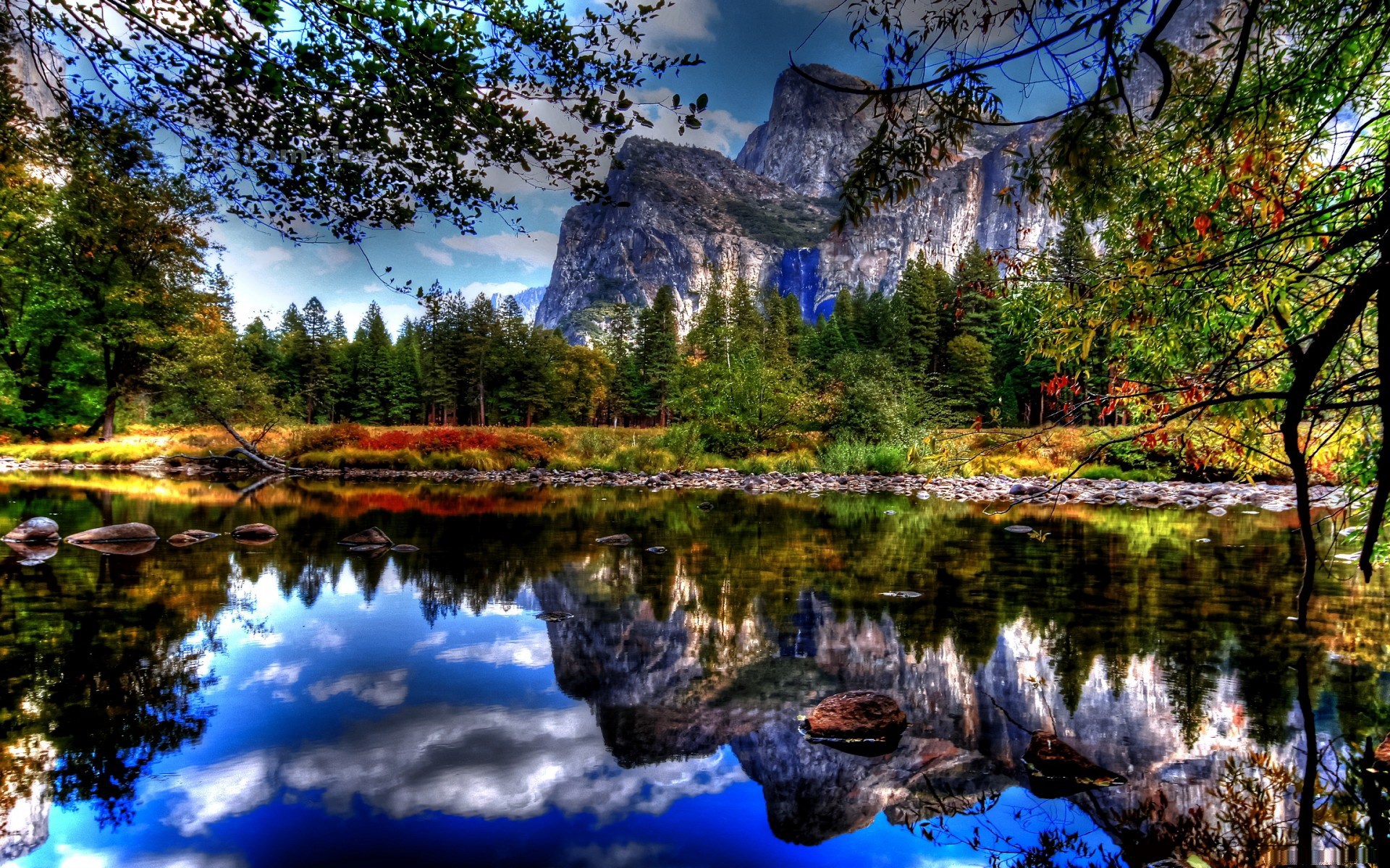 Mountain reflection in a lake with trees HD Wallpaper