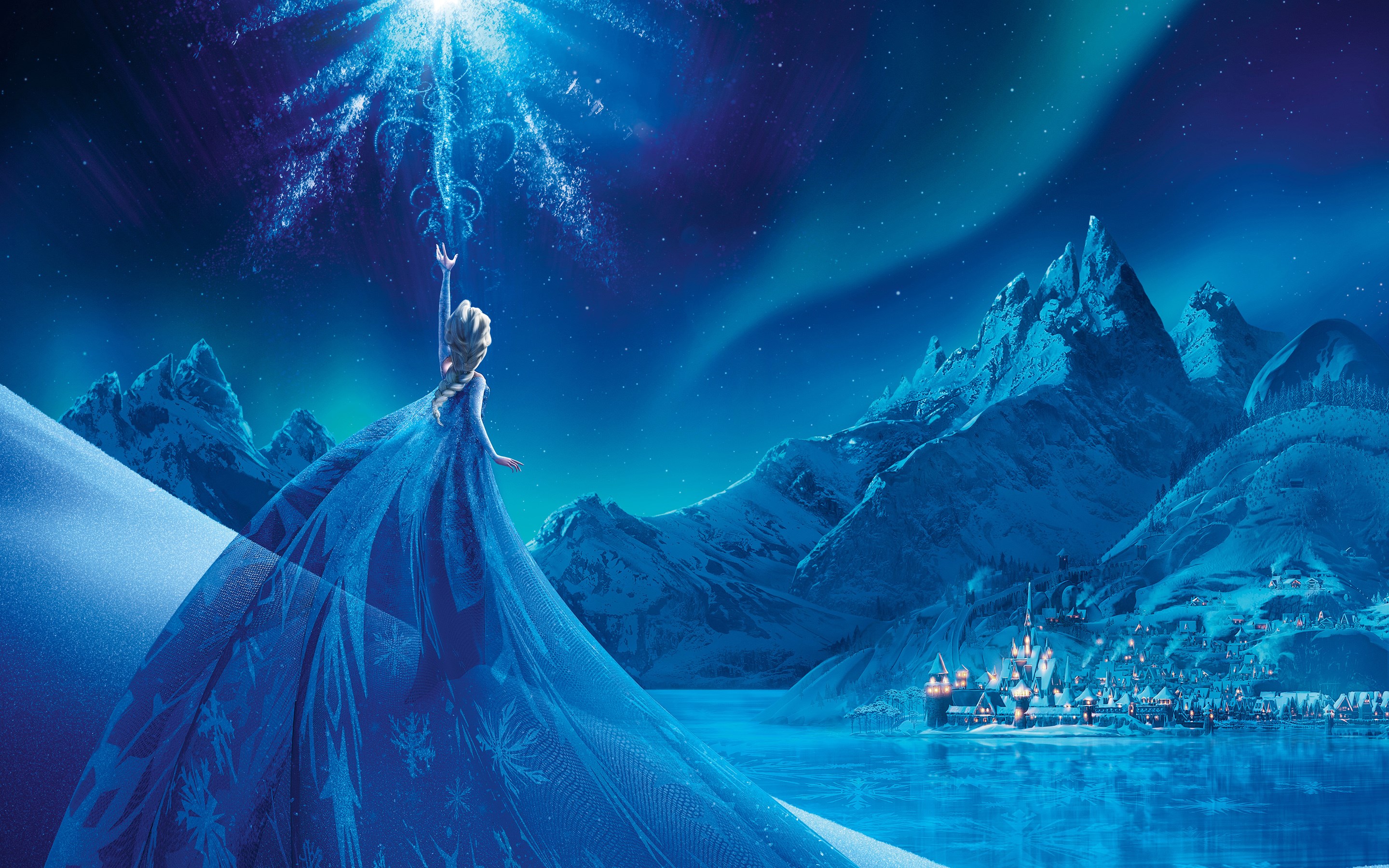 Elsa from Frozen creating ice magic in a snowy landscape HD Wallpaper