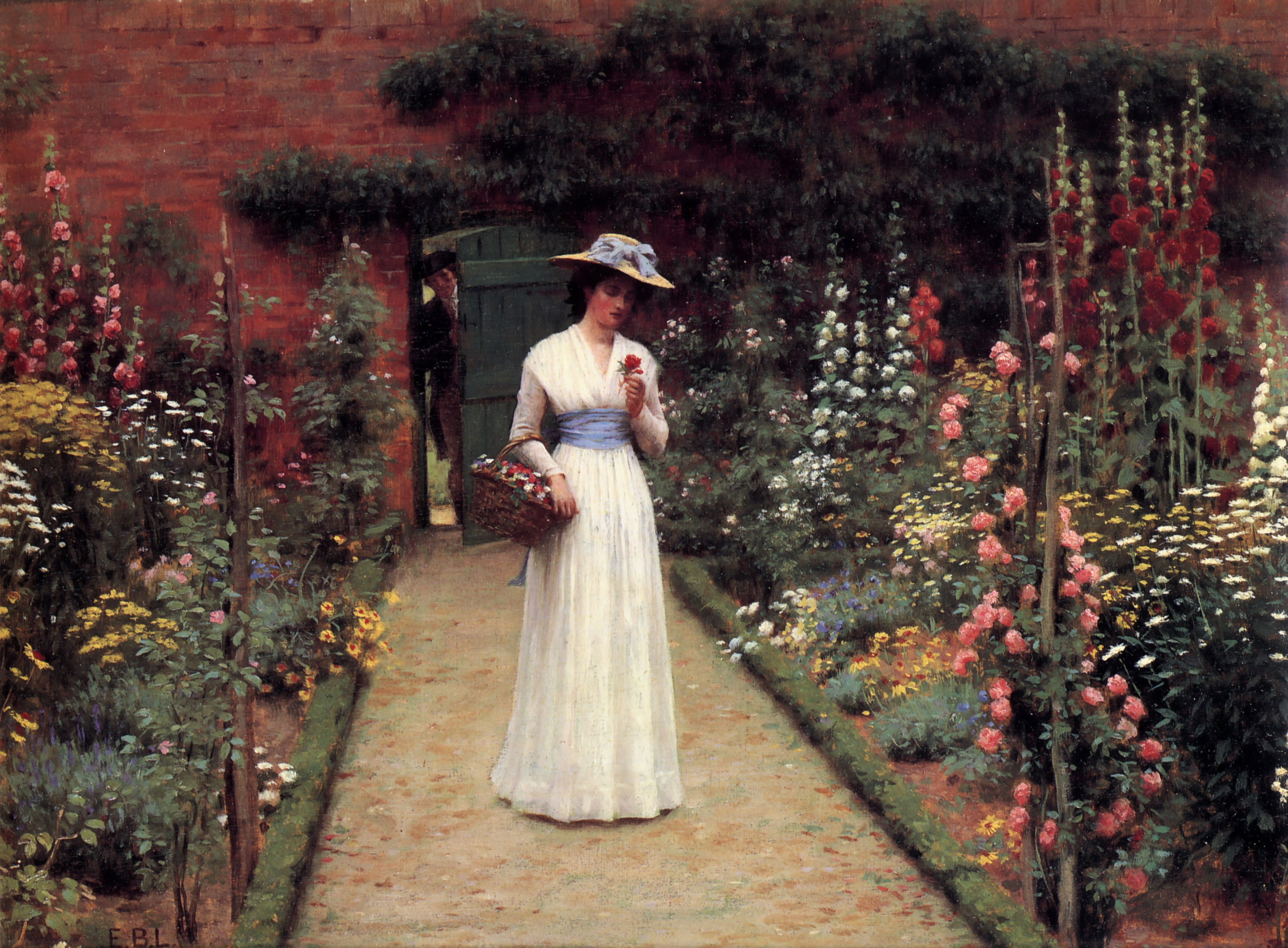 Woman in a garden holding a rose HD Wallpaper