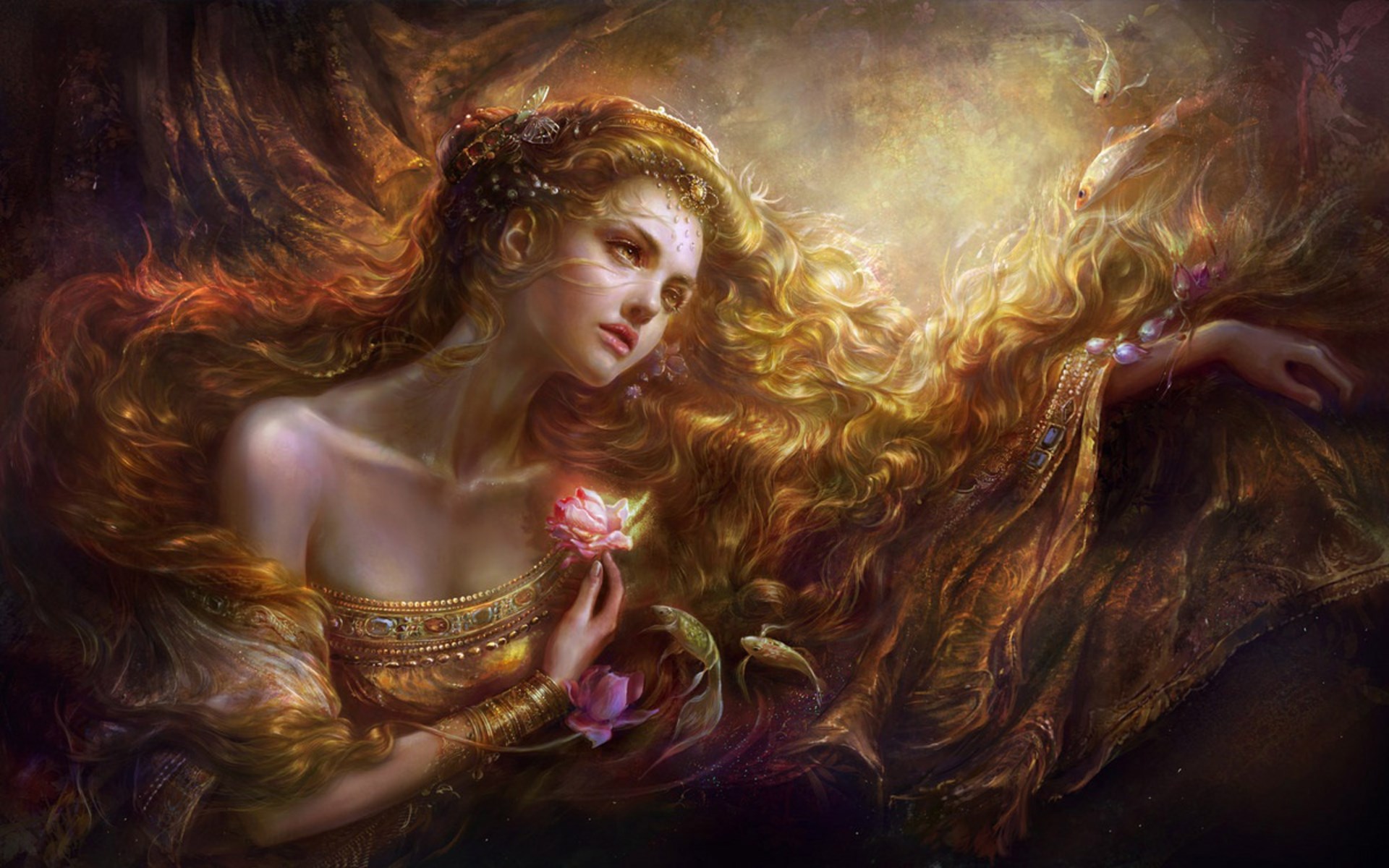 Woman with long flowing hair and flowers HD Wallpaper