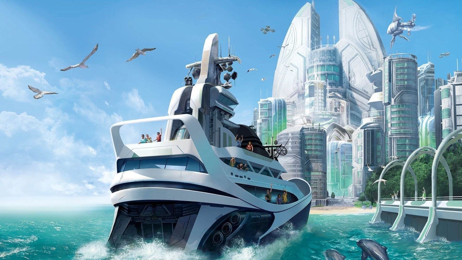 Anno 2070 game yacht futuristic city dolphins HD Wallpaper