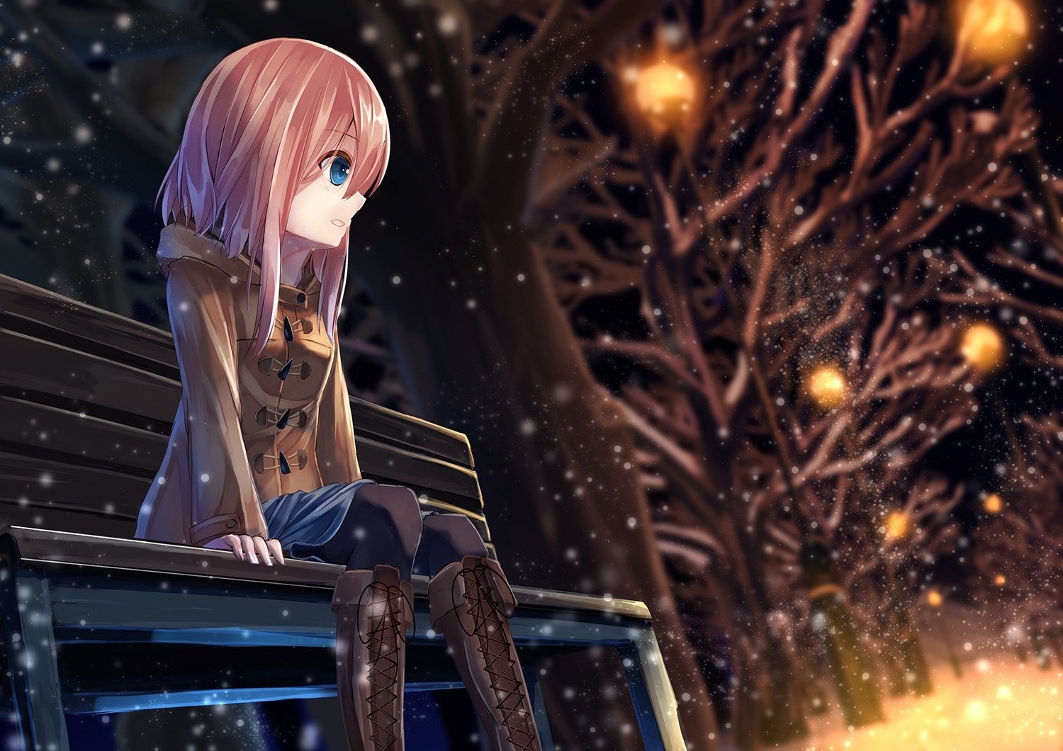 Anime girl sitting on a bench in winter HD Wallpaper