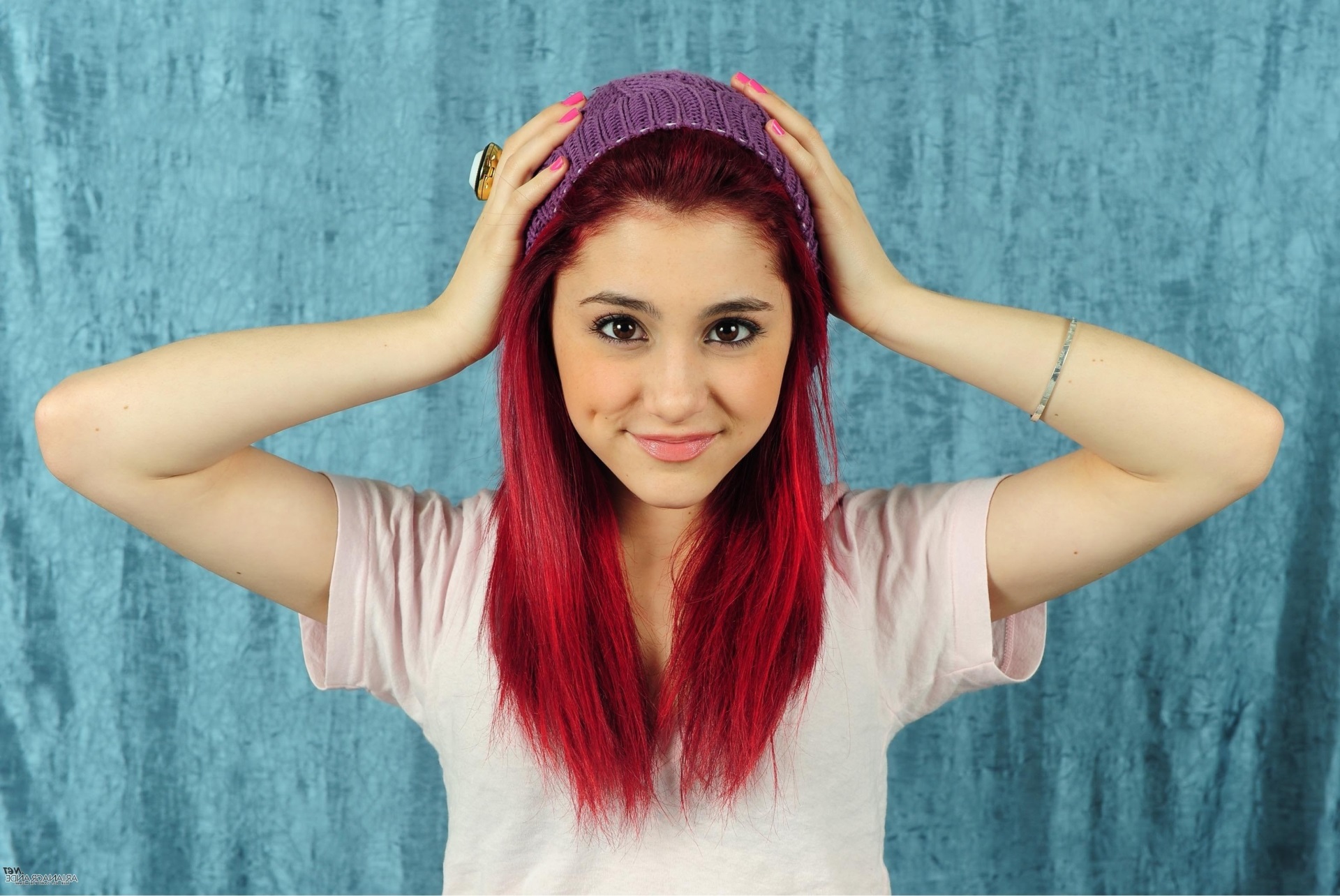 Ariana Grande wearing a purple beanie HD Wallpaper