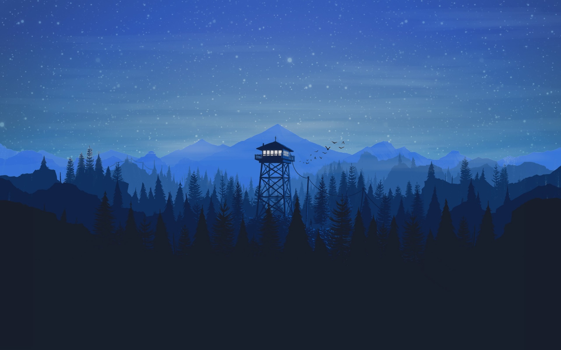 Firewatch tower in a starry night forest HD Wallpaper