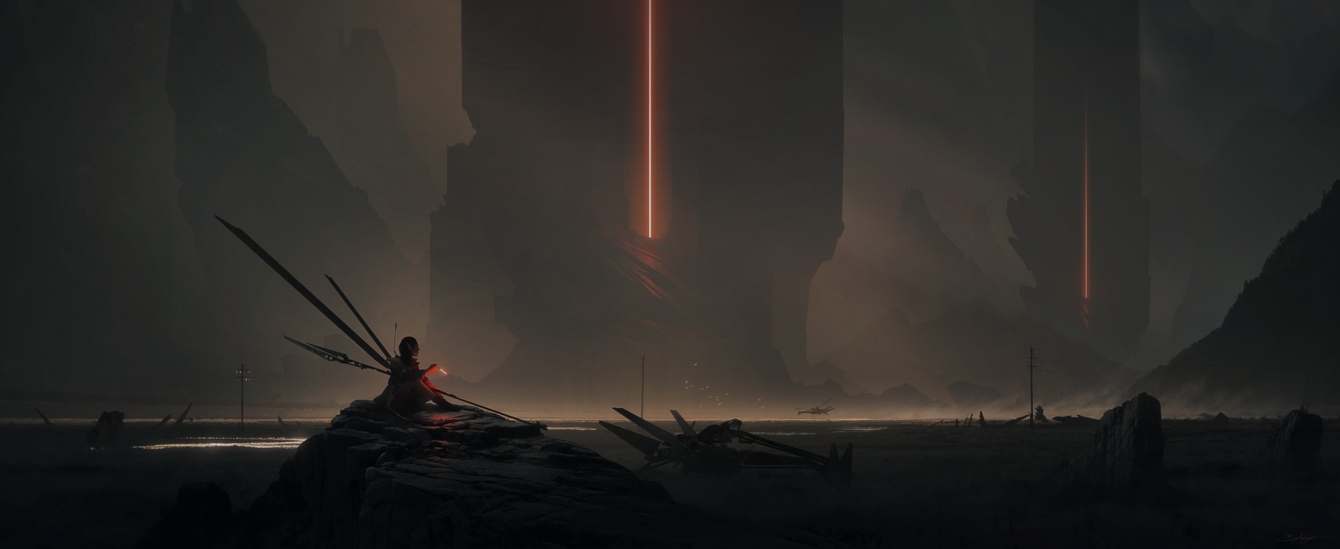 Sci-fi landscape with winged figure and glowing pillars HD Wallpaper