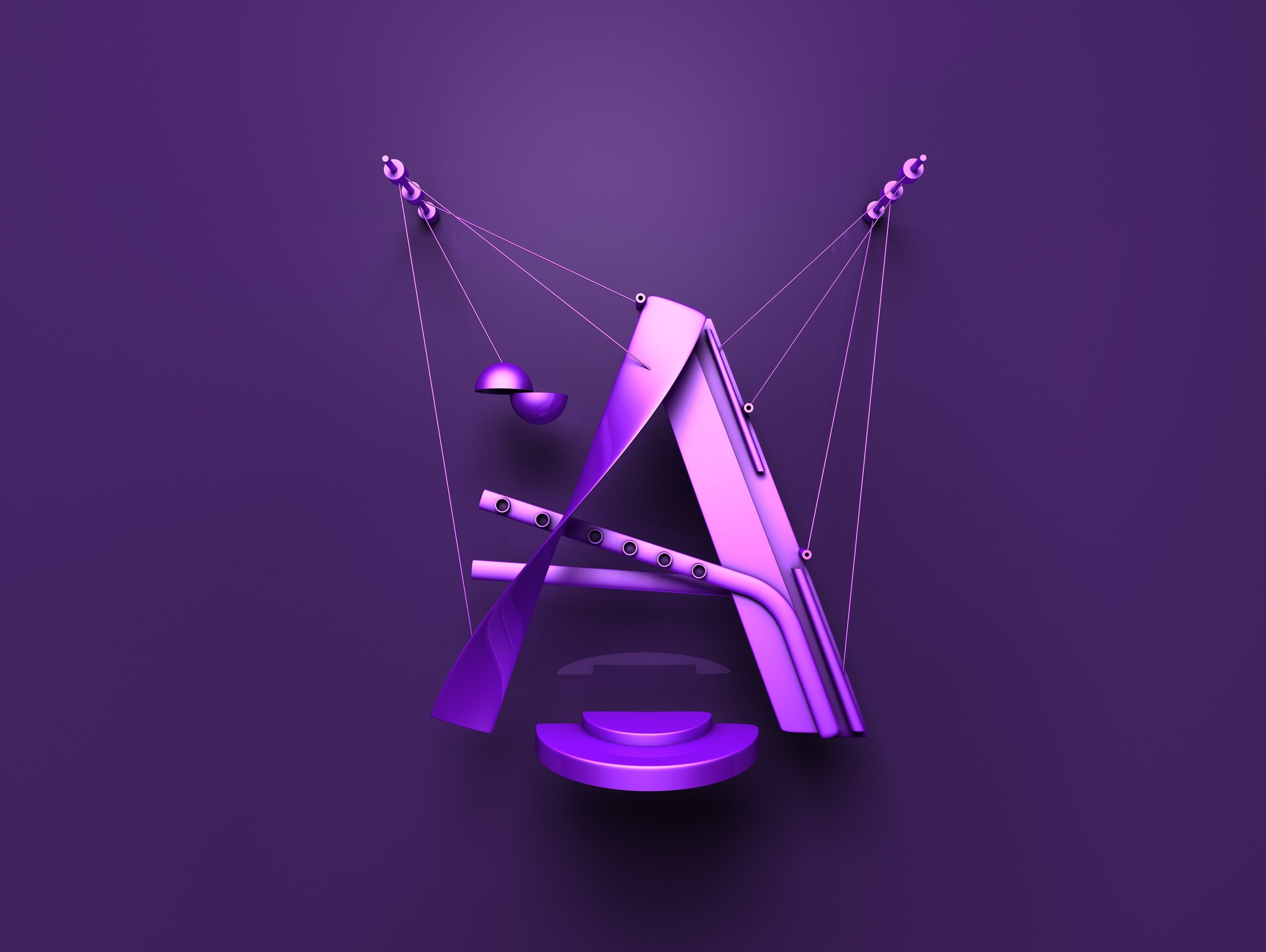 Abstract purple letter A sculpture with strings HD Wallpaper